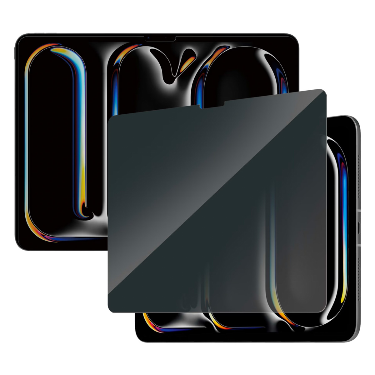 Trzy ciemnoszare ochraniacze ekranu są ułożone warstwowo, z kolorowymi odbiciami.