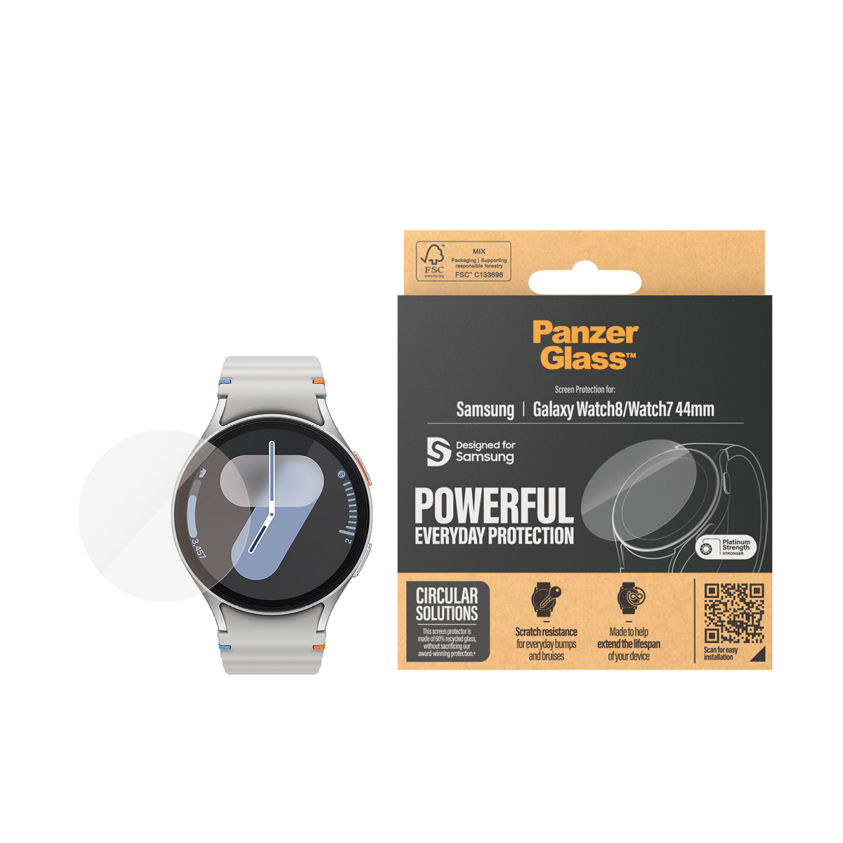 Uno smartwatch con cinturino bianco è esposto accanto a una confezione di protezione schermo PanzerGlass. La confezione pubblicizza la protezione schermo per Samsung Galaxy Watch.