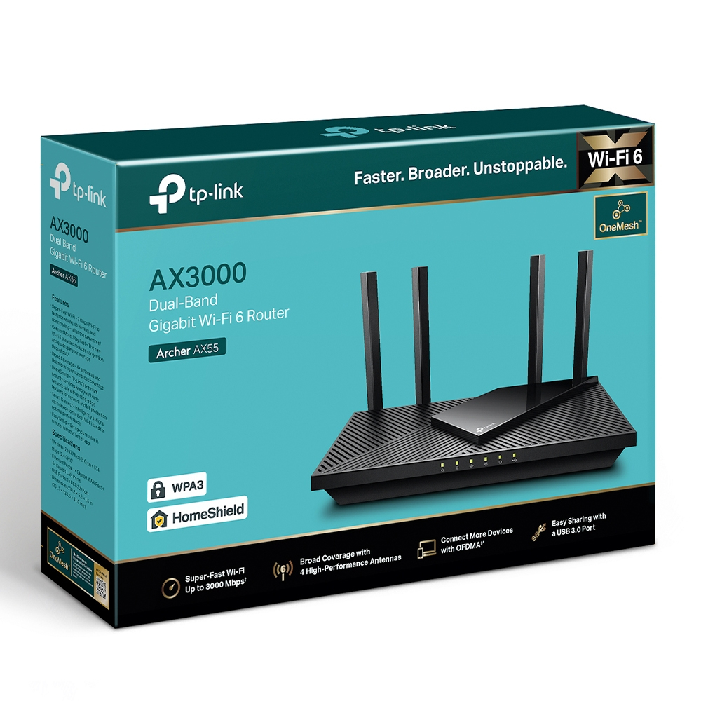 Eine TP-Link AX3000 Wi-Fi 6 Router-Box. Sie zeigt den Router mit Antennen und Funktionen wie WPA3 und HomeShield.