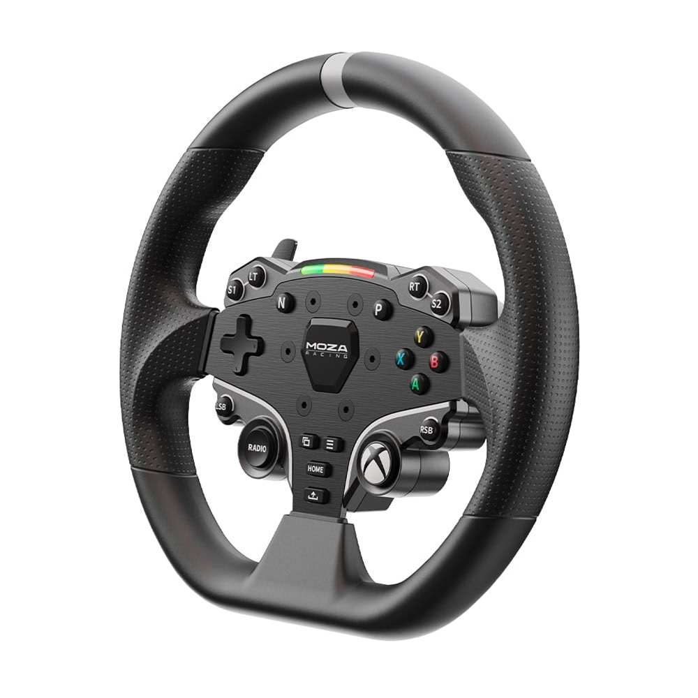 Un volant de course MOZA noir avec boutons, croix directionnelle et écran. Le volant a une prise texturée et un accent argenté.