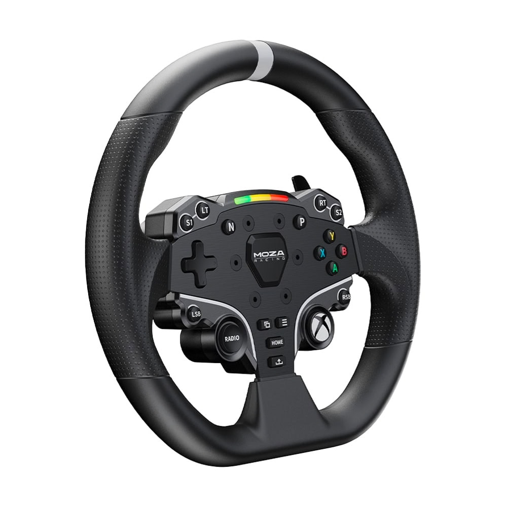 A black MOZA racing steering wheel with buttons and controls is isolated on a white background. The wheel is round, and the center is black.
