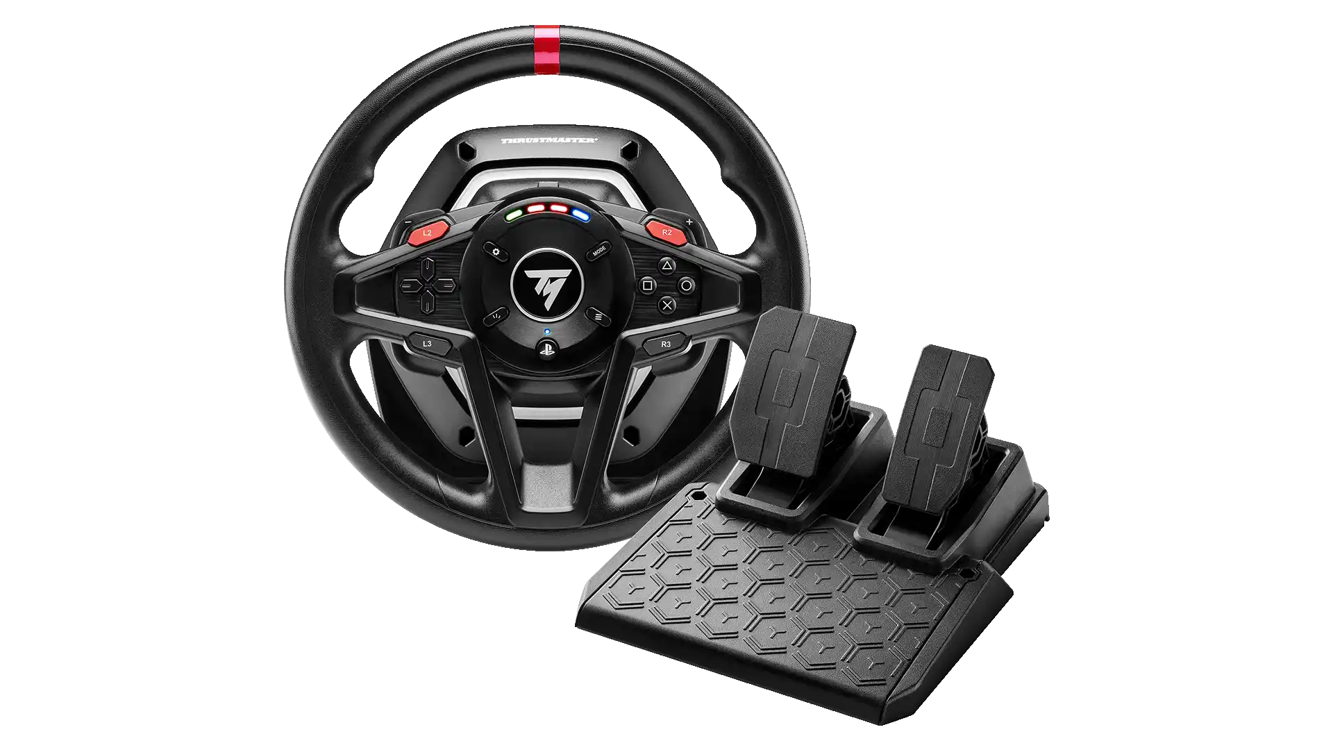 Volante da corsa nero con striscia rossa, pulsanti e pedali su superficie nera. Logo Thrustmaster visibile. Pulsanti rosso, verde, blu.