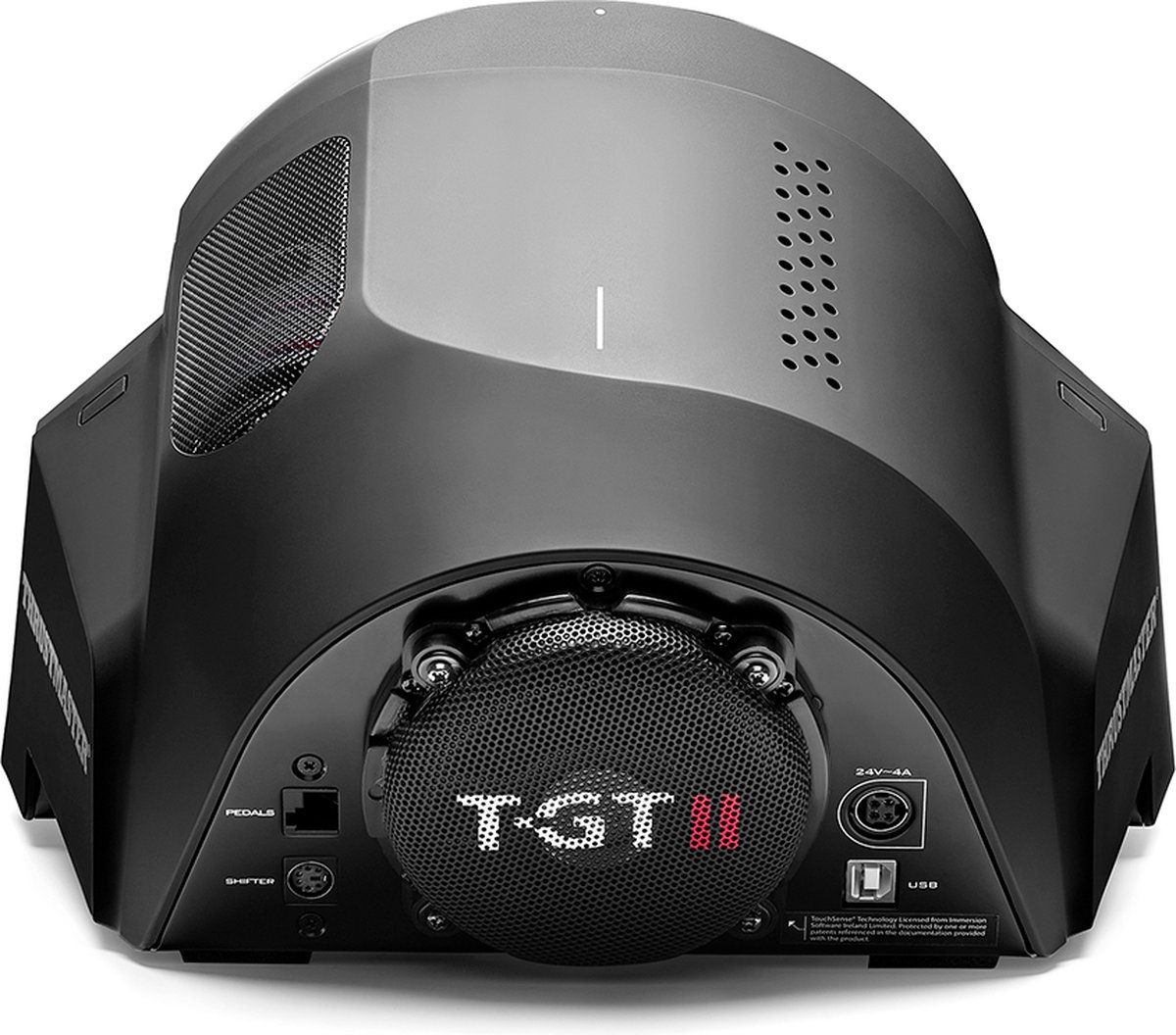 Eine schwarze Rennlenkradbasis. Sie hat einen zentralen Lautsprecher mit der Aufschrift 'TGT II'. Anschlüsse für Pedale, Schaltung und USB sind sichtbar.
