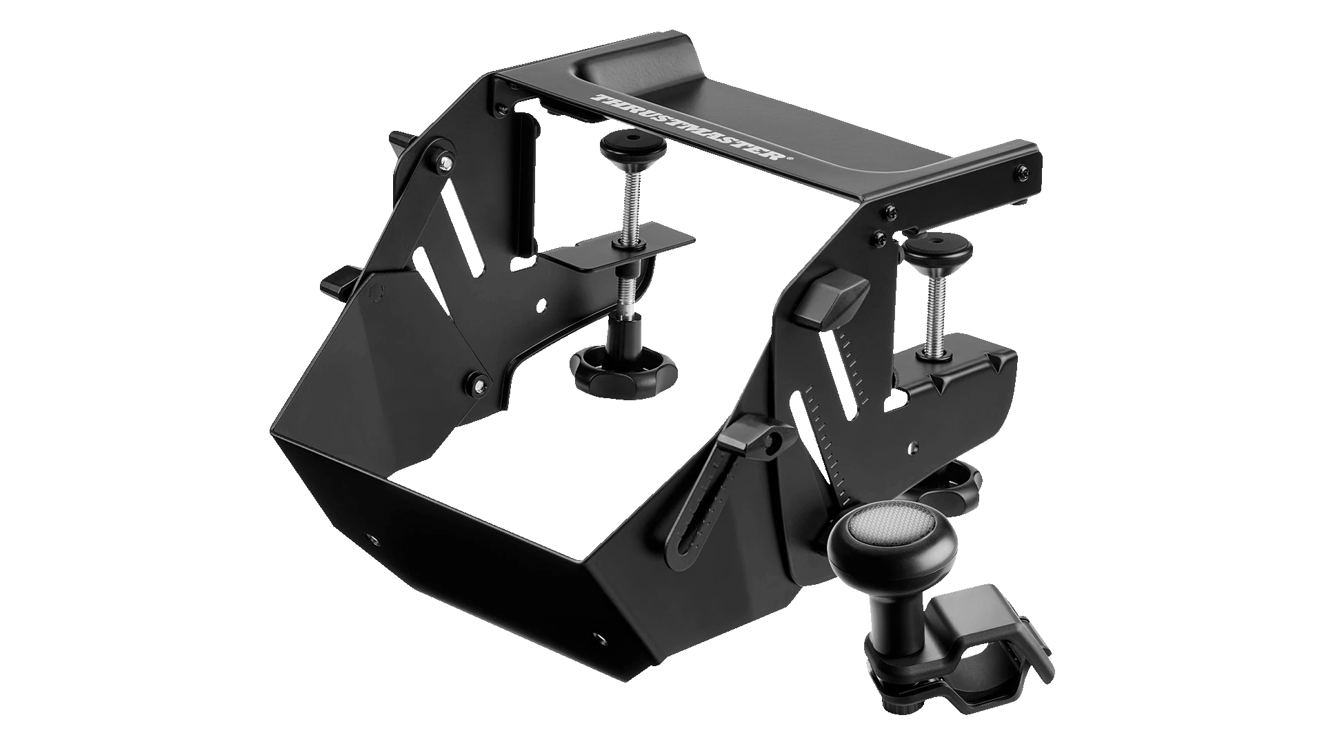 Un supporto nero per volante Thrustmaster con viti regolabili e un piccolo joystick. È su sfondo nero.
