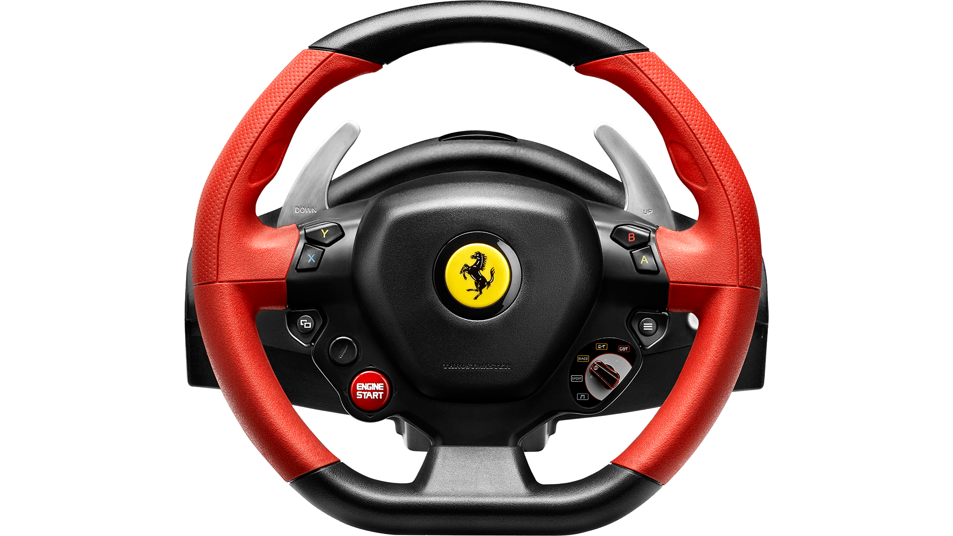 Un volant de course de marque Ferrari avec des poignées rouges, des accents noirs et des palettes. Il comporte des boutons et le logo Ferrari.