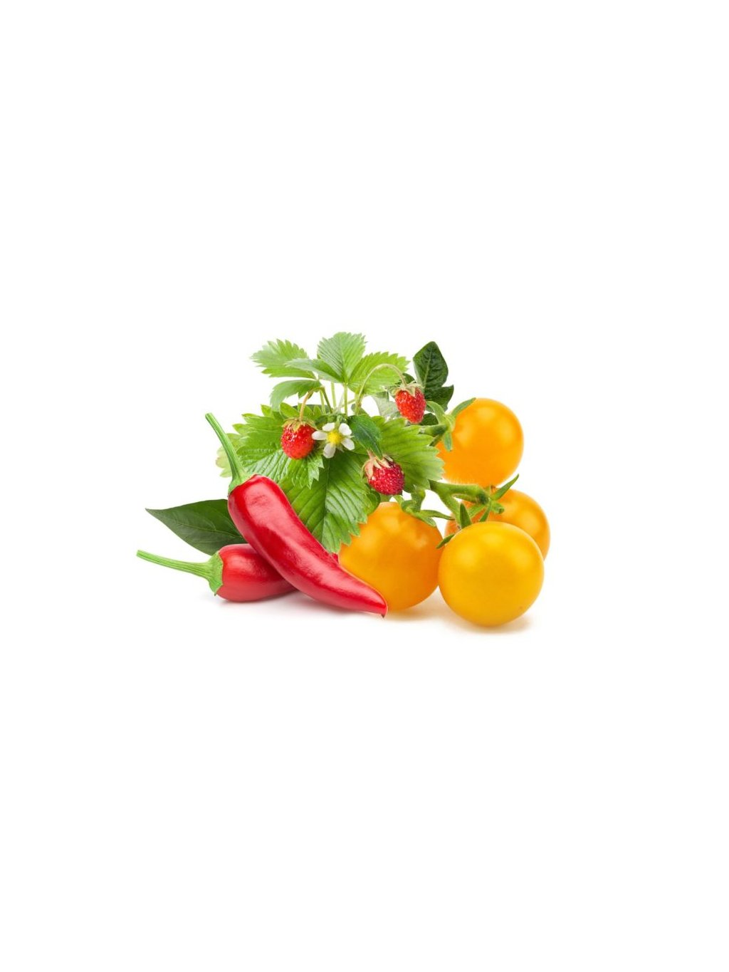 Una composizione di peperoncini rossi, pomodori gialli, fragole e foglie verdi su sfondo bianco.