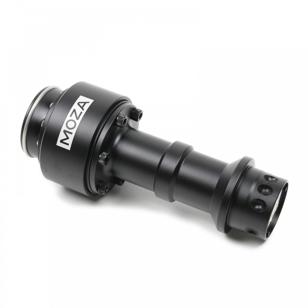 Composant noir de stabilisateur de caméra MOZA sur fond blanc. Il a une forme cylindrique avec le nom de la marque MOZA.