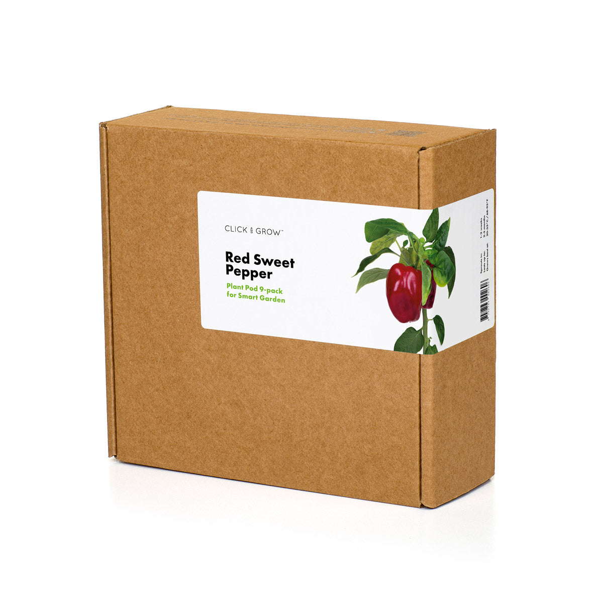 Una scatola marrone con un'etichetta 'Red Sweet Pepper' e l'immagine di una pianta di peperone rosso. Sfondo bianco.