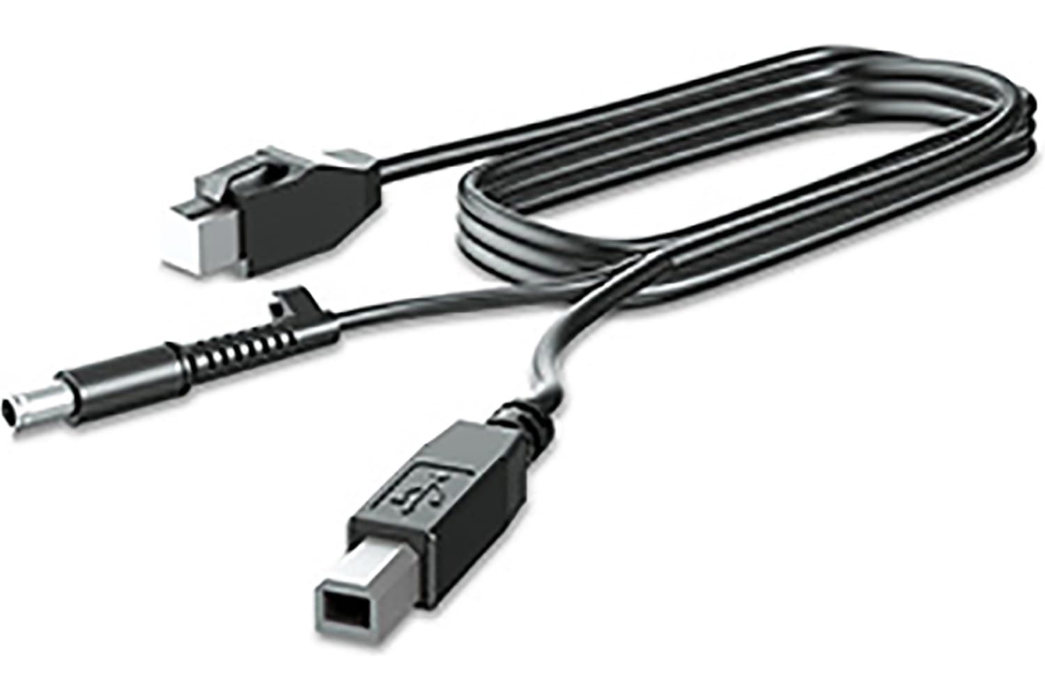 Un cavo nero con tre diversi connettori: USB, un connettore DC barrel e un connettore rettangolare più grande. Tutto su sfondo bianco.