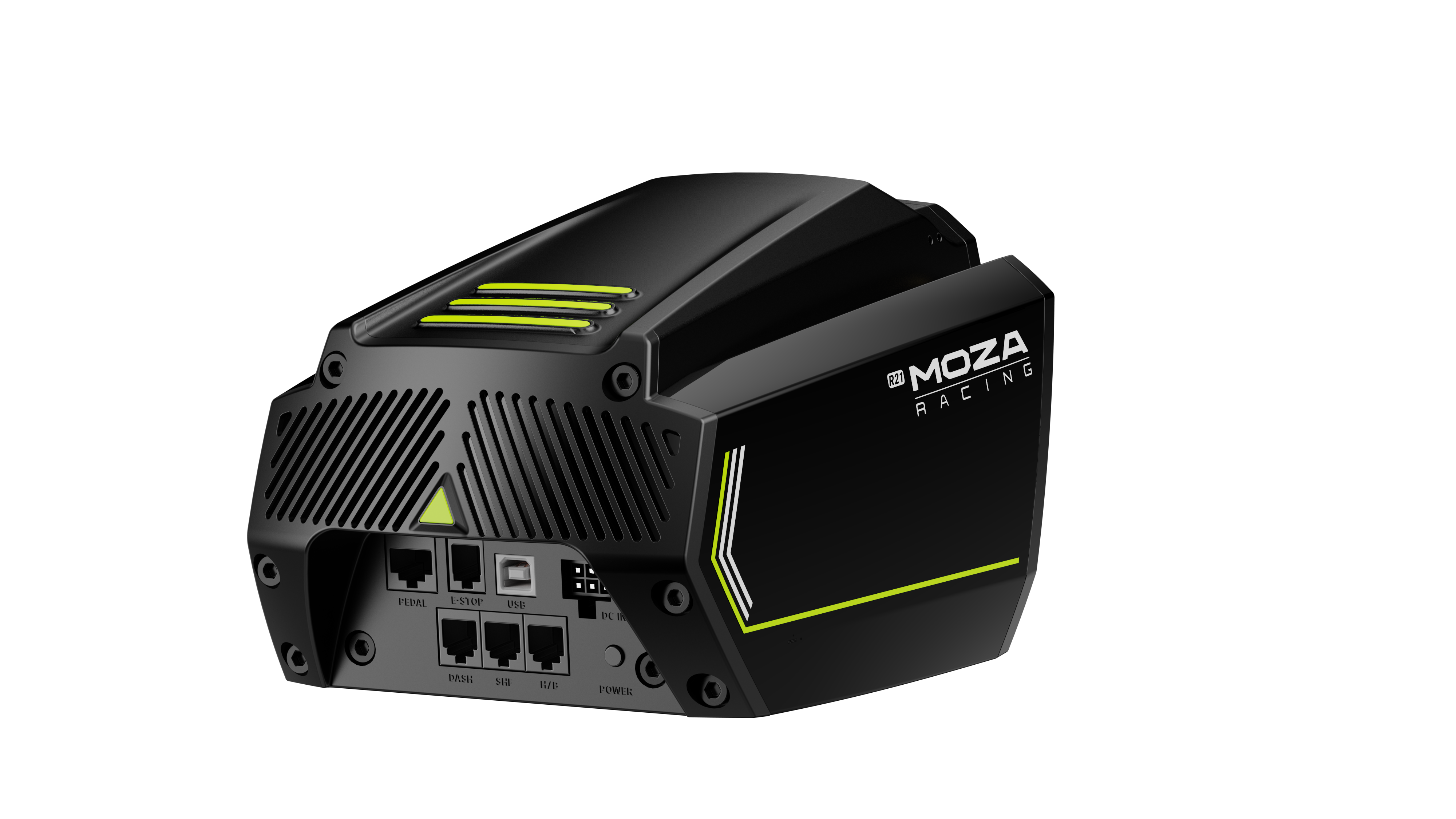 Un appareil de simulation de course MOZA noir et jaune. Il possède des ports, un emplacement USB et le logo MOZA. Le fond est noir.