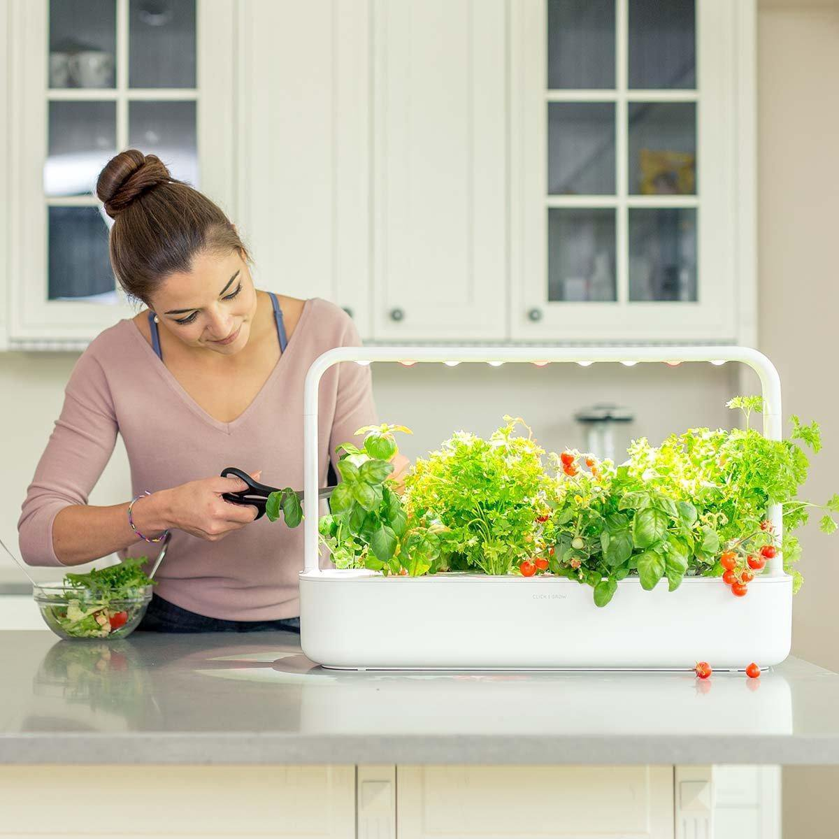 Une femme coupe des herbes dans un jardin d'intérieur blanc. Un bol de salade est à proximité. Des armoires de cuisine forment l'arrière-plan.