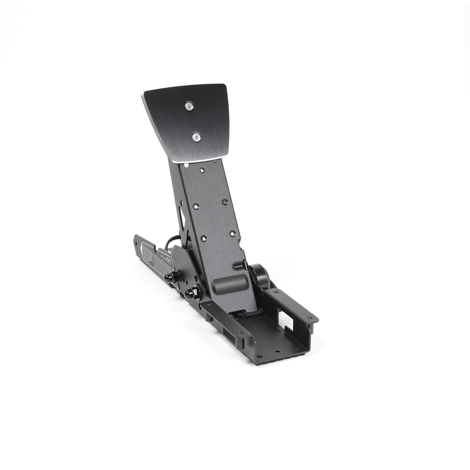 Ein schwarzes mechanisches Gerät auf weißem Hintergrund. Es hat ein Fußpedal und mehrere Gelenke.