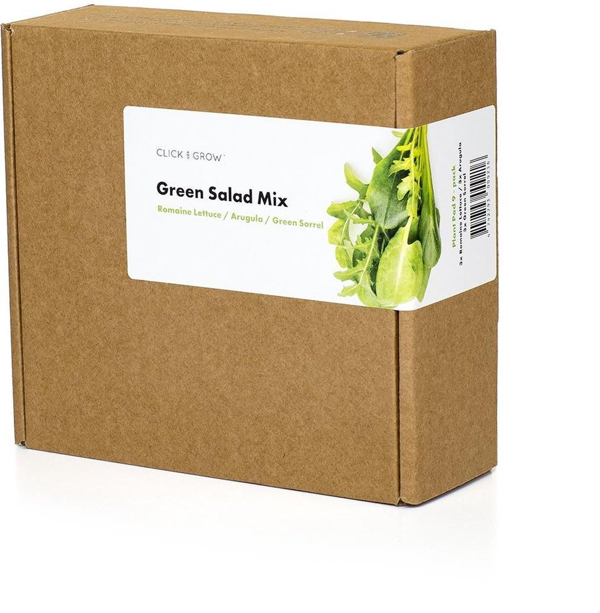 Een bruine kartonnen doos met een label met 'Green Salad Mix' en een takje groen. De doos is voor Click & Grow.
