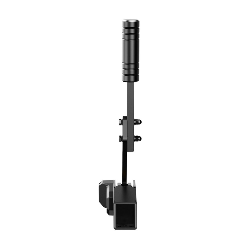 Een zwarte, verticale automatische versnellingspook. Het heeft een cilindrische handgreep, een lange schacht en een basis met montagehardware.