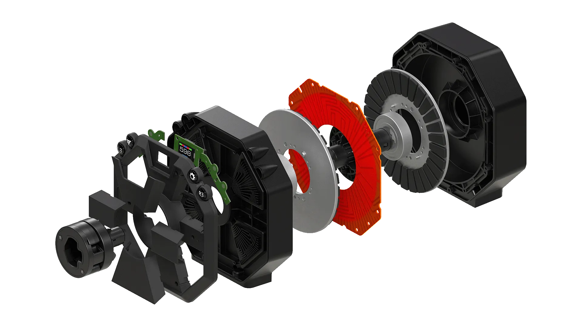 Vista esplosa di un dispositivo meccanico nero, che mostra componenti interni come circuiti stampati, dischi metallici e un anello rosso-arancio.