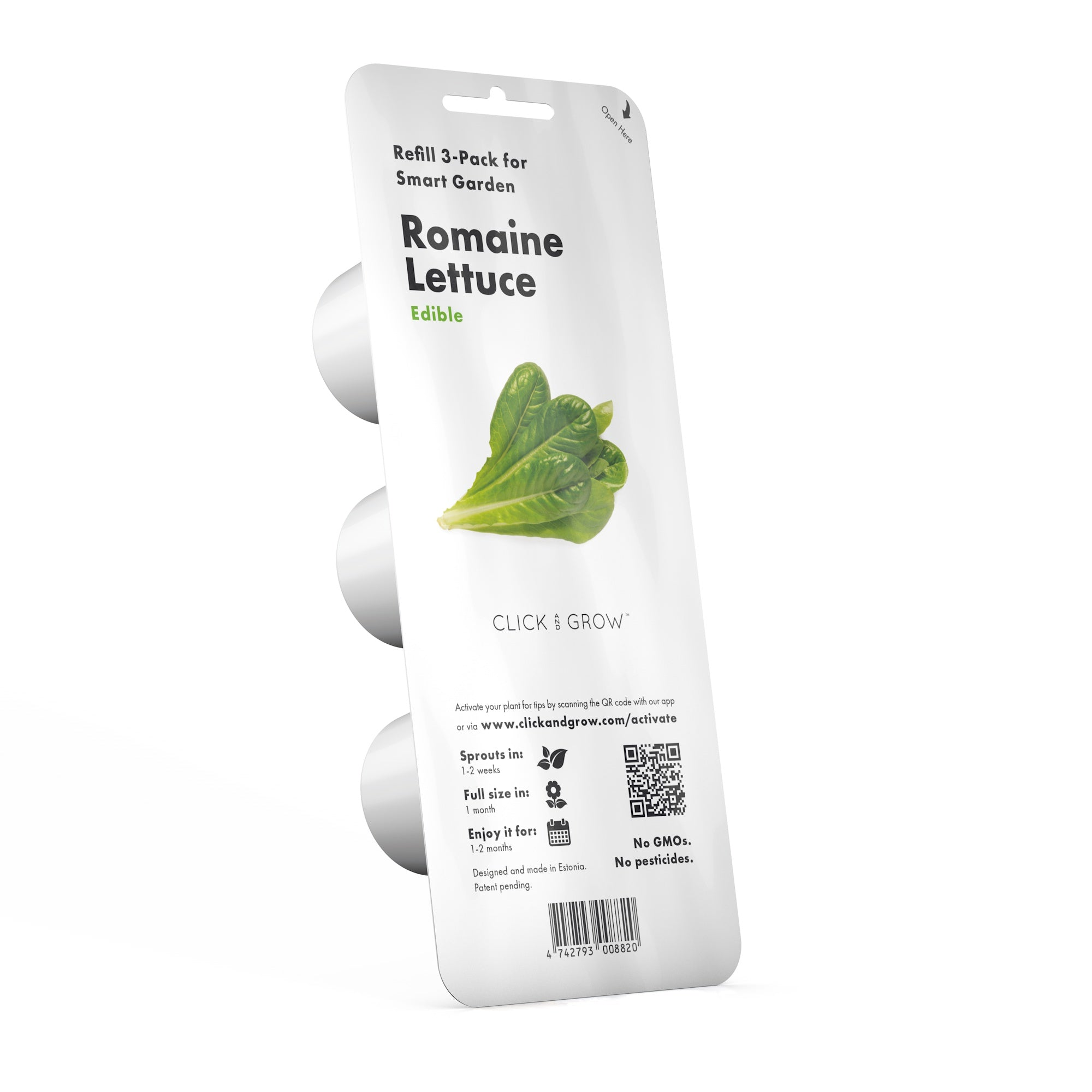 Un pack pour recharges de laitue romaine. Il présente une image de la laitue, des détails sur la croissance et un code QR.