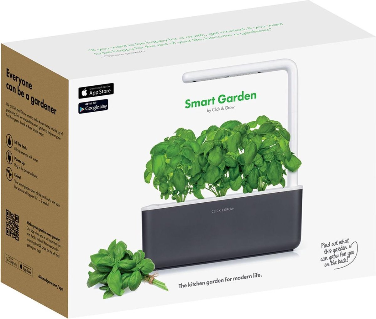 Una scatola Smart Garden con una pianta di basilico all'interno. Testo e un codice QR sulla scatola. L'orto in cucina per la vita moderna.