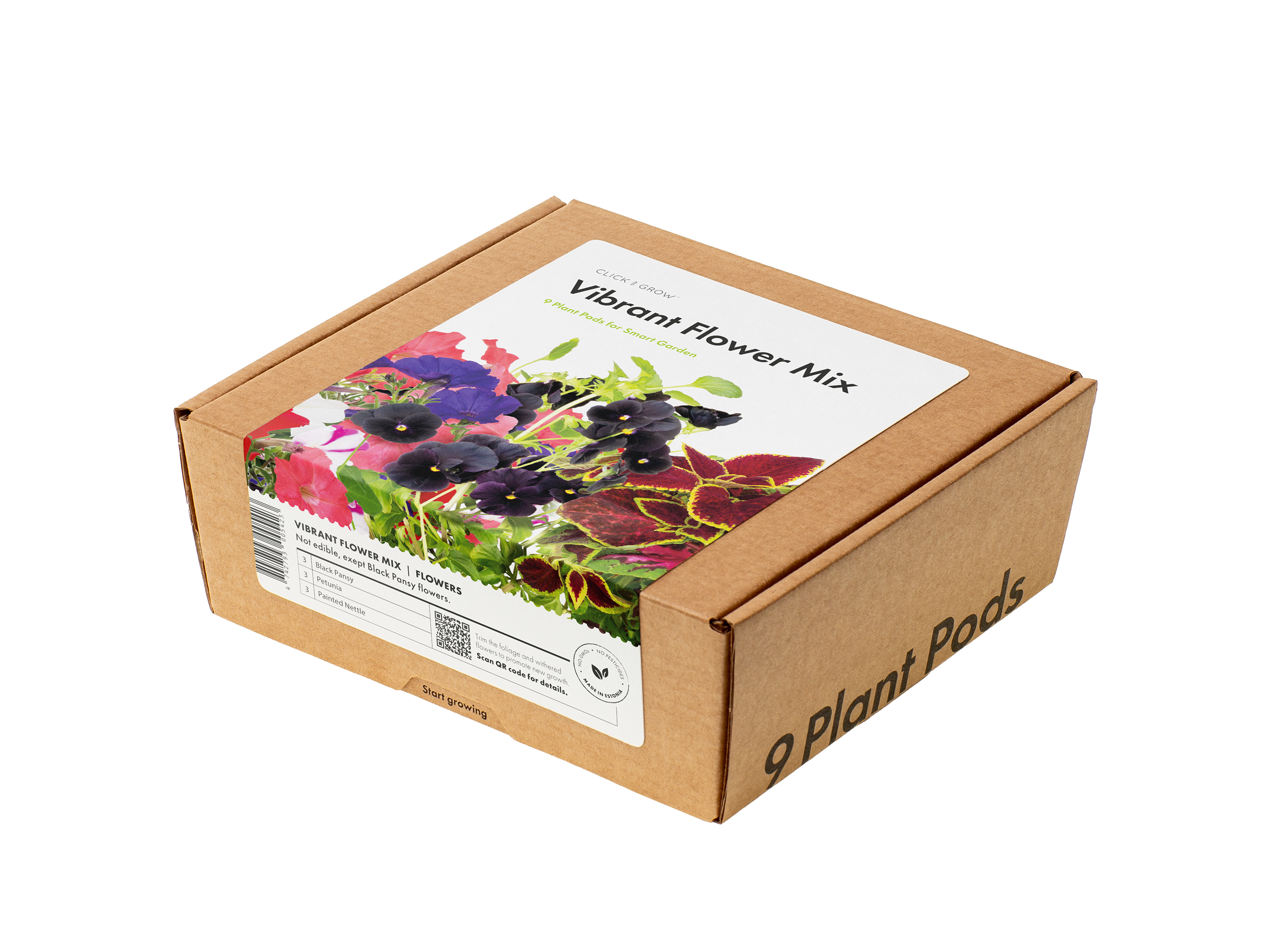 Une boîte en carton avec une étiquette montrant un mélange de fleurs colorées, dont des pensées et des pétunias, sur fond noir.