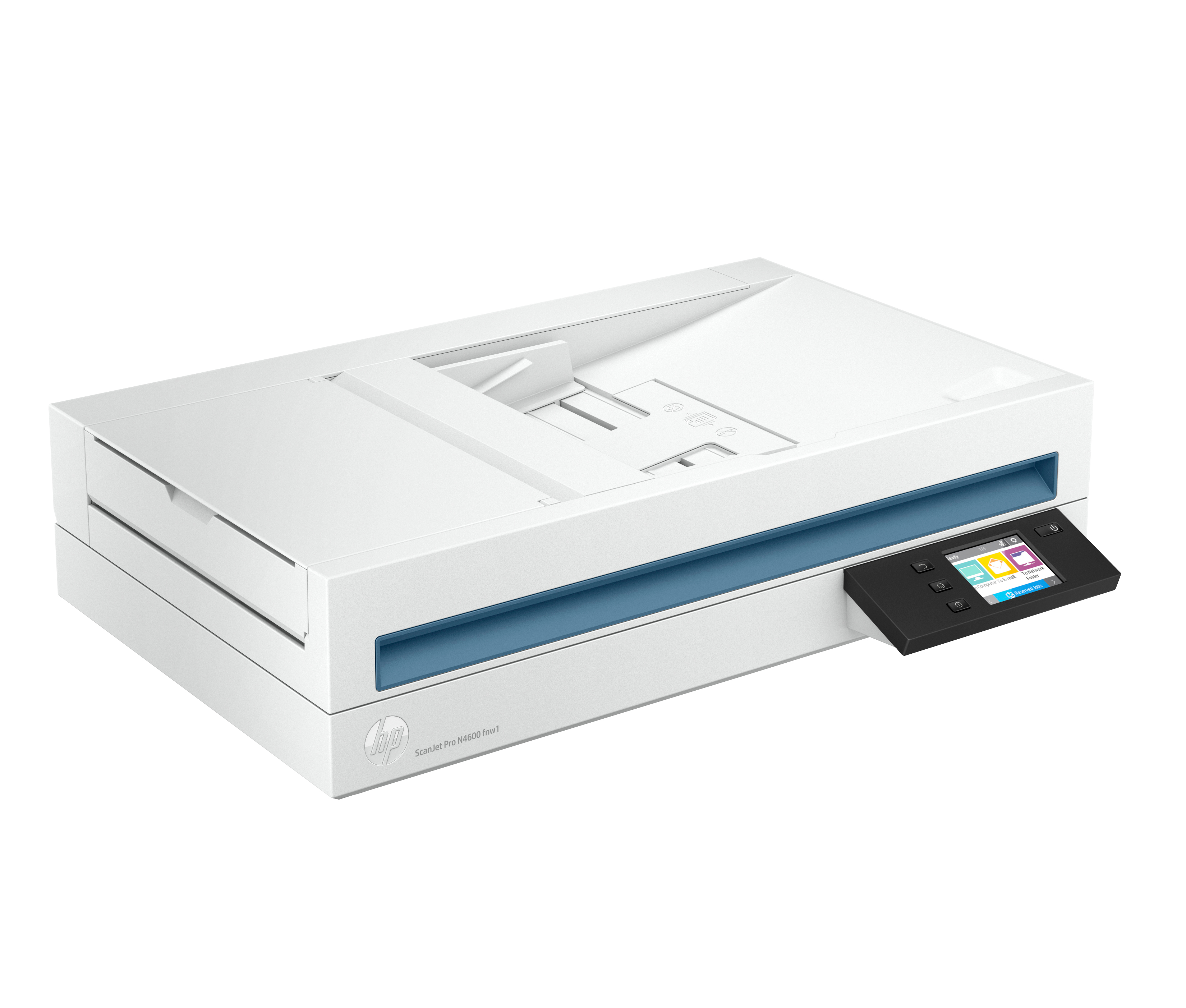 Un scanner HP ScanJet Pro N4600 fnw1 blanc est affiché. Il a un accent bleu. Il y a un panneau de contrôle noir à droite.
