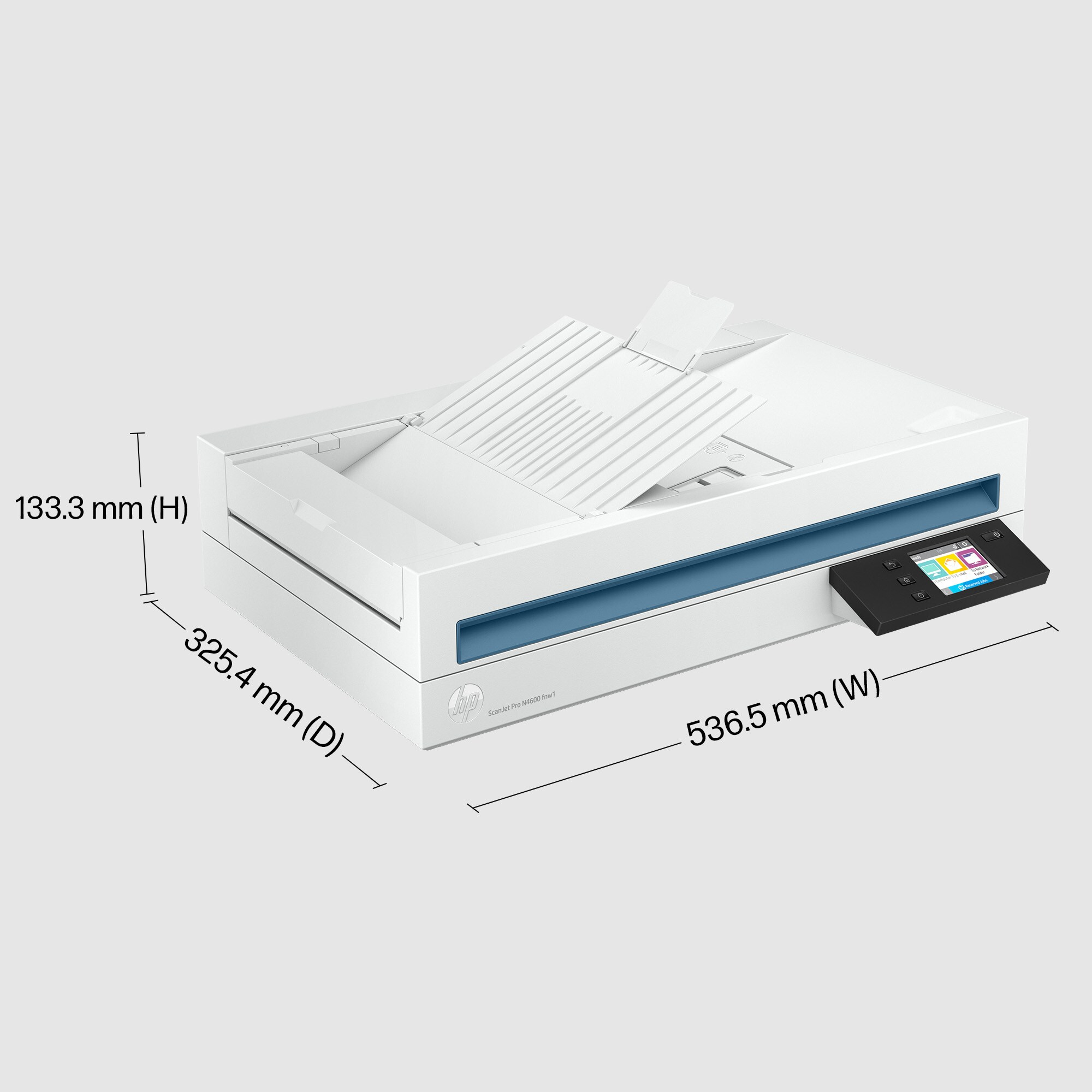 Un scanner HP ScanJet Pro blanc. Il dispose d'un panneau de contrôle à droite. Les dimensions sont affichées : 133,3 mm(H), 325,4 mm(P), 536,5 mm(L).