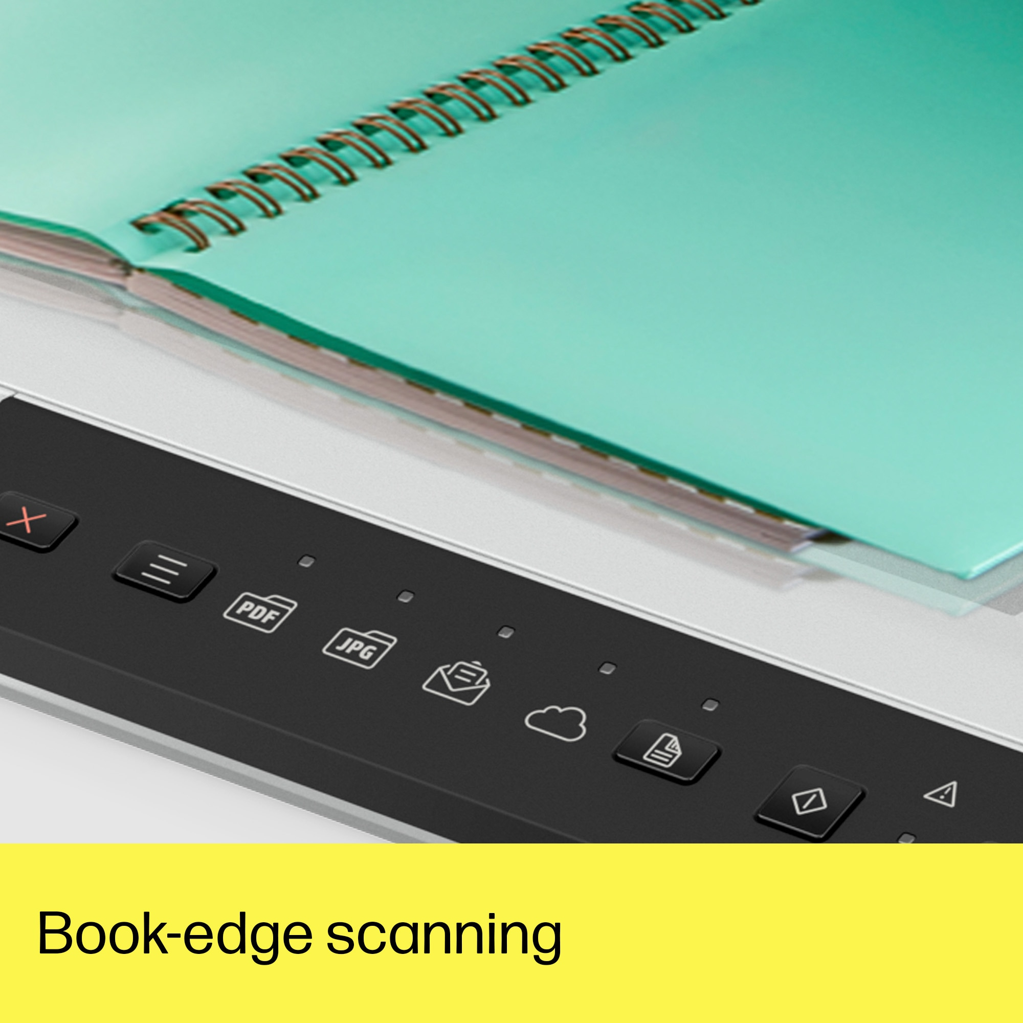 Skaner z otwartym, turkusowym notatnikiem. Przyciski: PDF, JPG i ikona chmury.