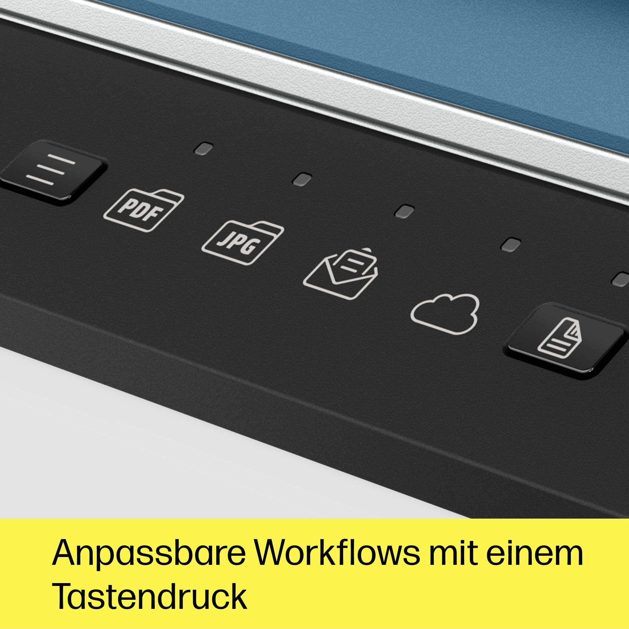 Zbliżenie czarnego panelu sterowania z ikonami PDF, JPG, e-mail, chmury i drukowania. Widoczne elementy niebieskie i białe.