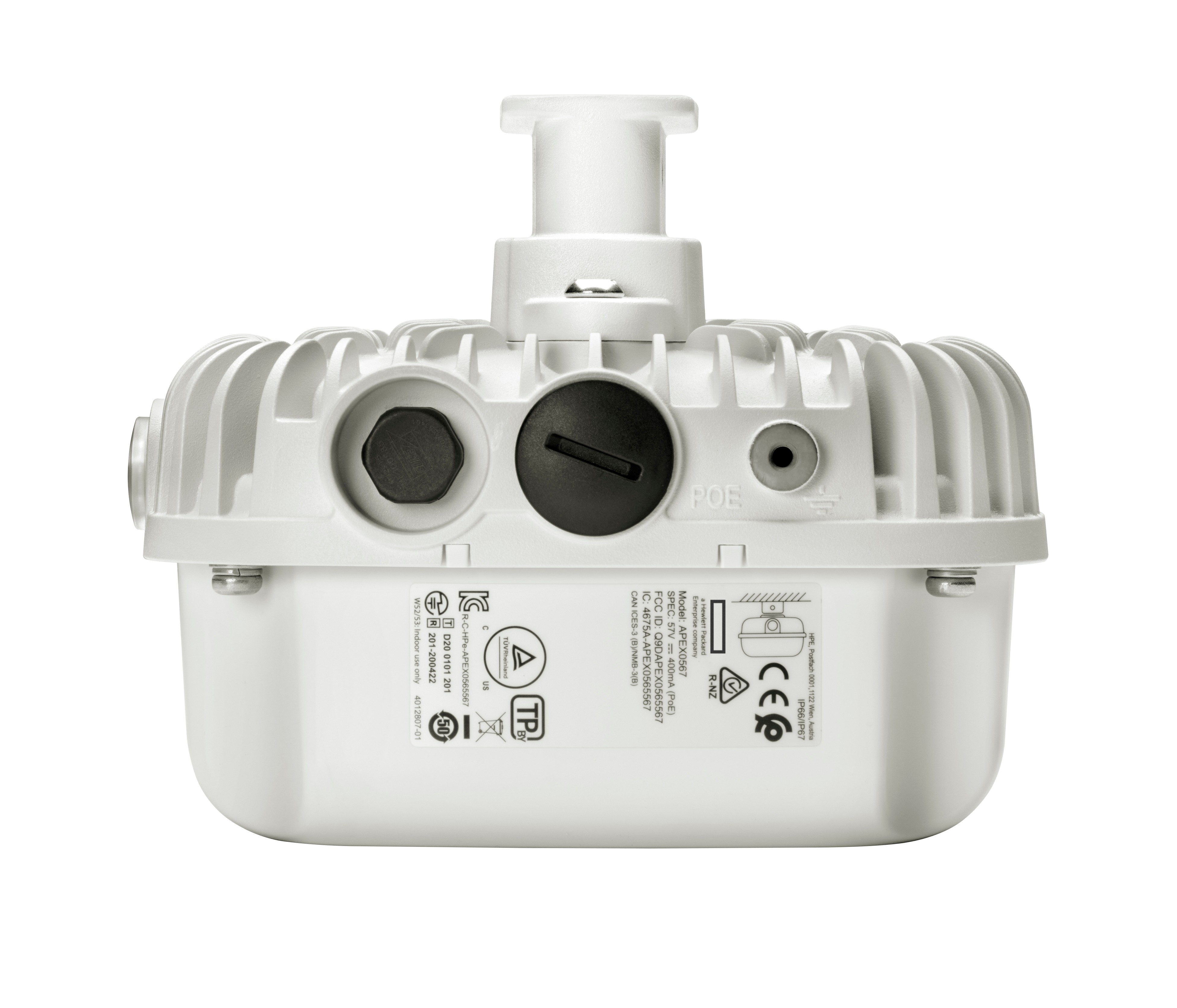 Białe, prostokątne urządzenie z różnymi portami i etykietami. Ma żebrowaną górę i cylindryczną antenę.