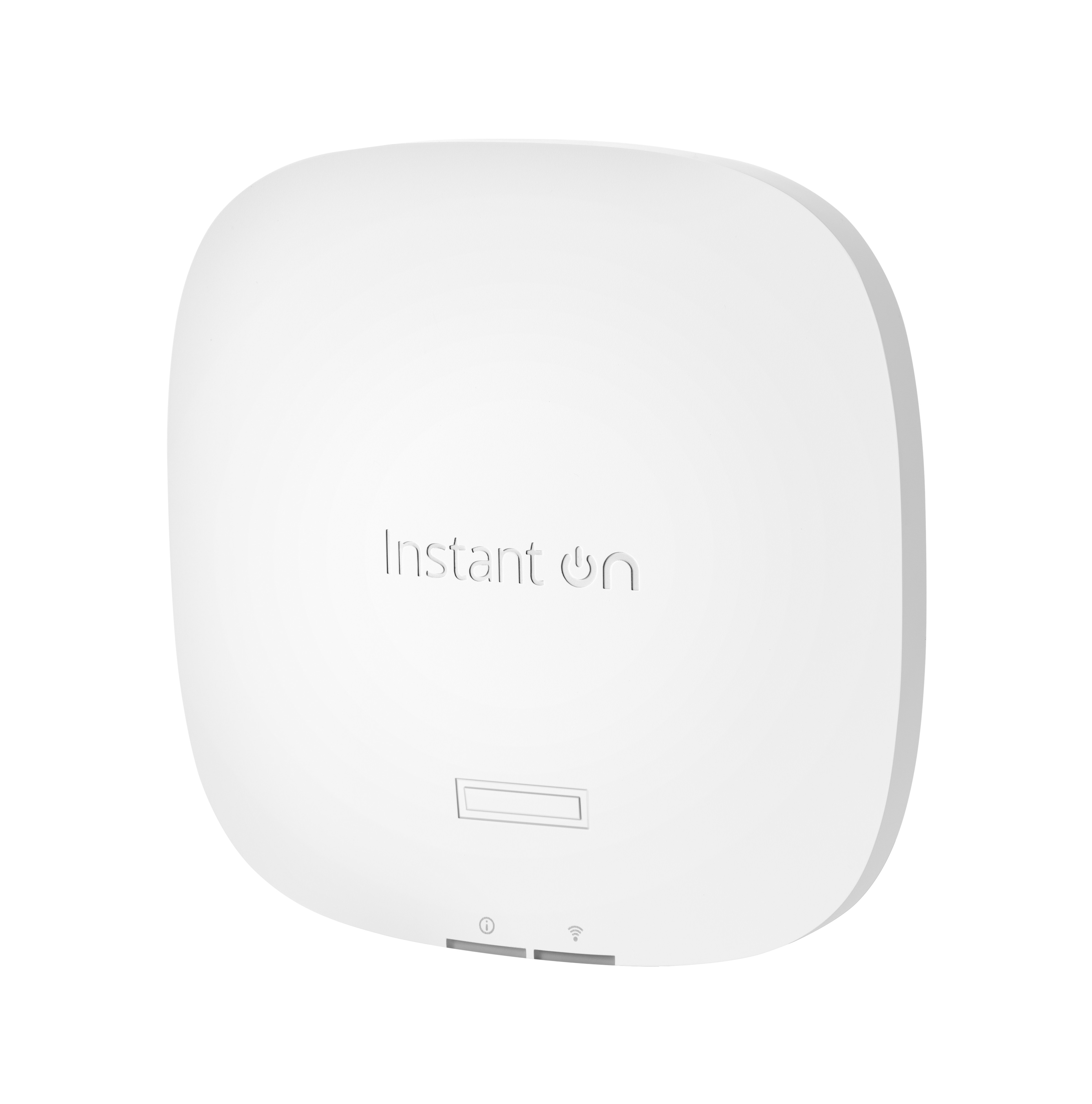 Dispositivo blanco Instant On. Tiene la marca en la parte superior. Dos botones visibles abajo.