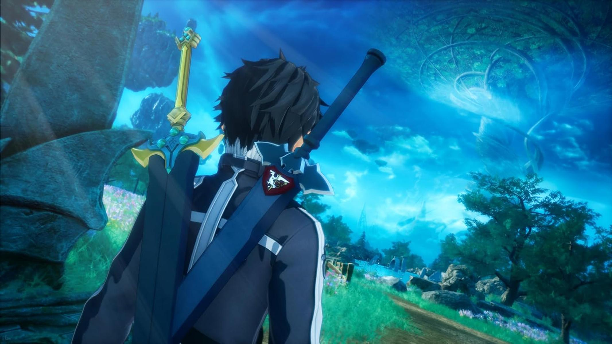 Un personaggio con spade sulla schiena, guarda un paesaggio con un grande albero e cielo blu.
