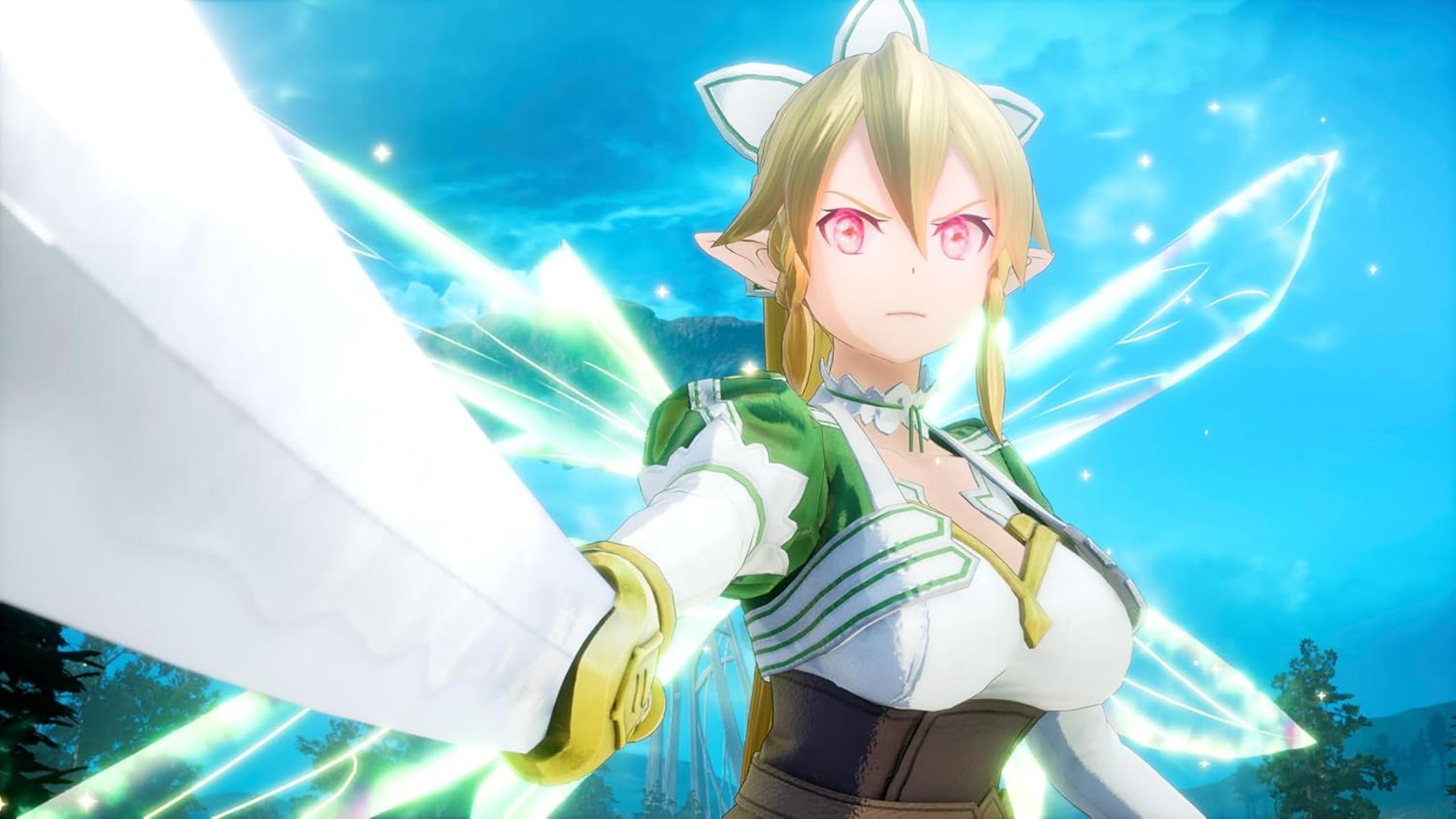 Ragazza anime con capelli biondi e abito verde che tiene una spada luminosa contro un cielo blu con montagne.