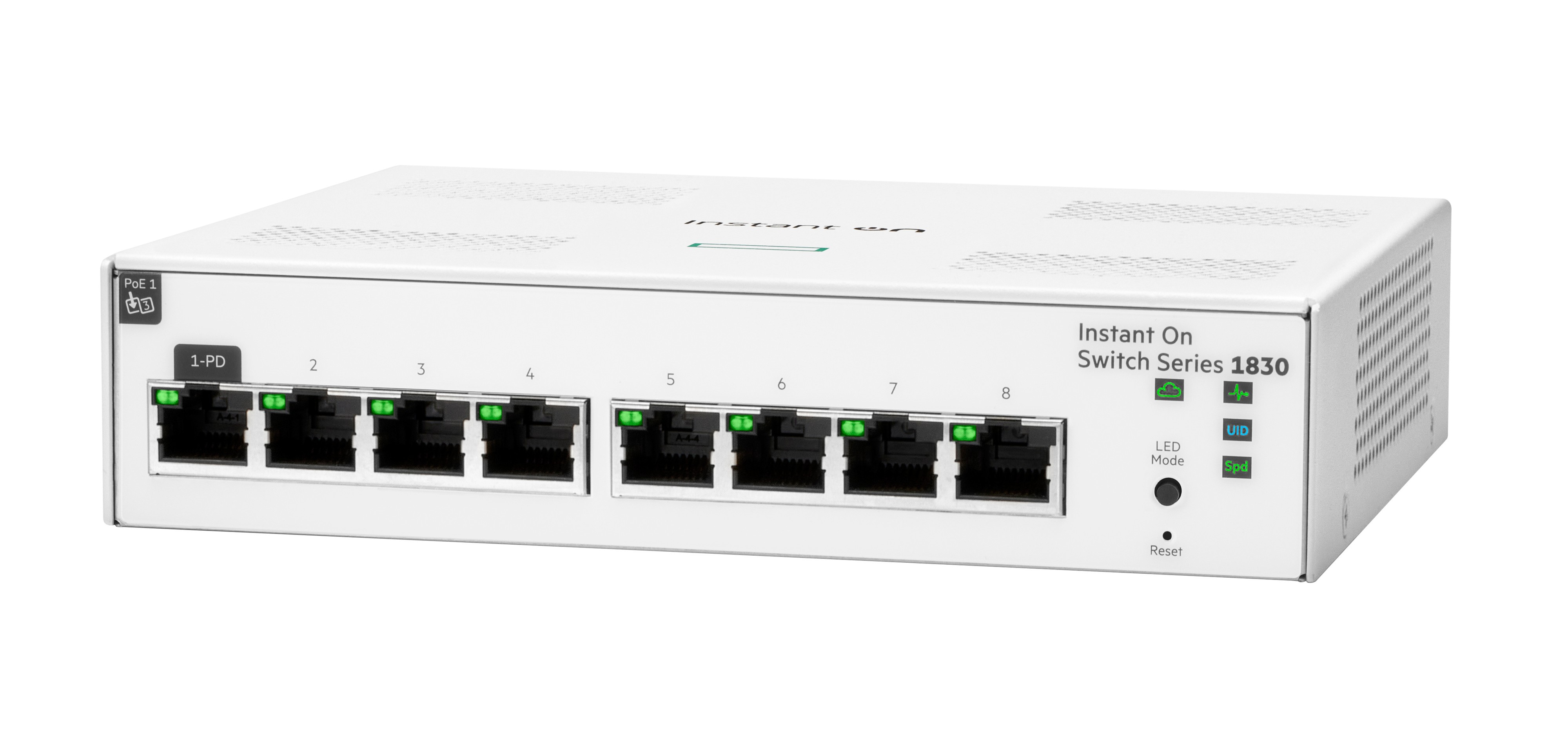 Un switch blanco Instant On Serie 1830 con 8 puertos. Luces verdes indican conexiones activas. Texto incluye 'PoE', 'LED Mode' y 'Reset'.