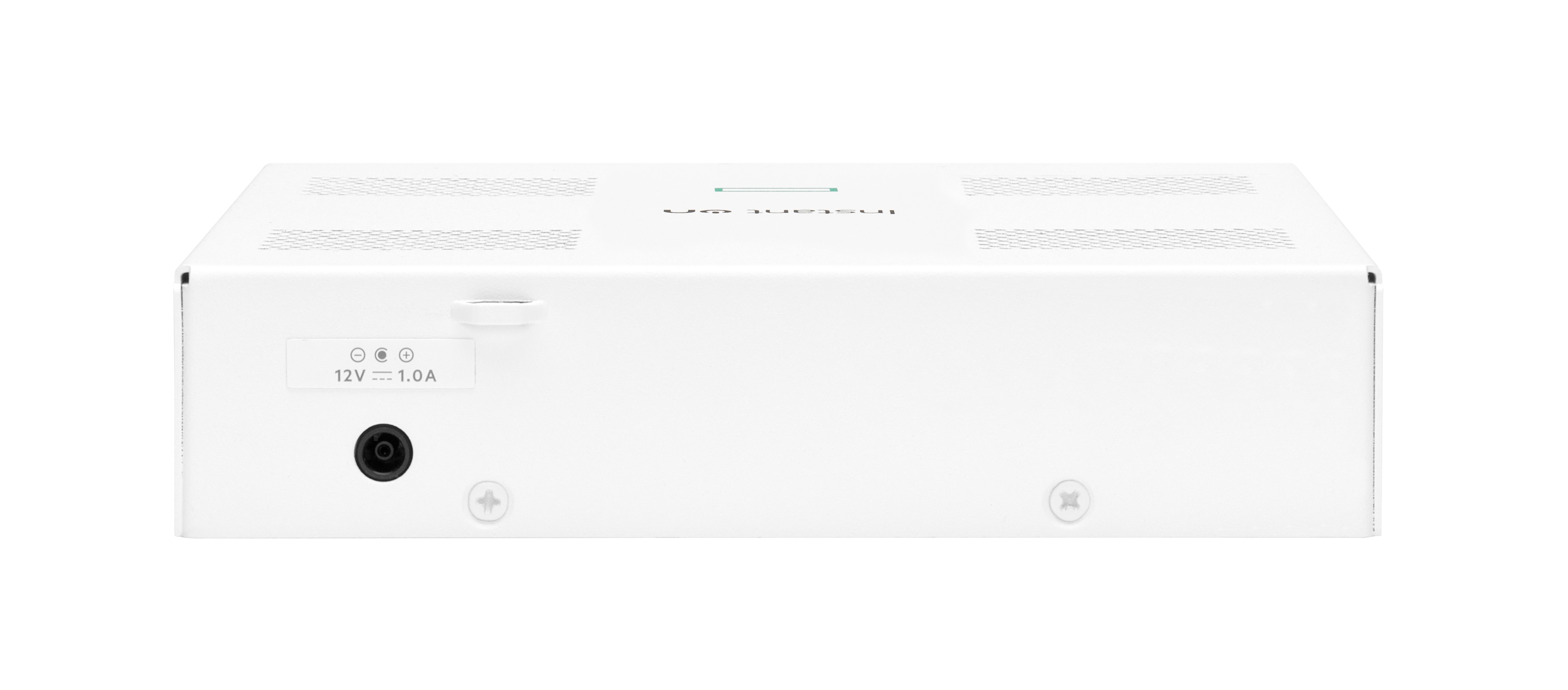 Un dispositivo rectangular blanco. Tiene una entrada de alimentación, luces de estado y un botón de encendido. El fondo es blanco.