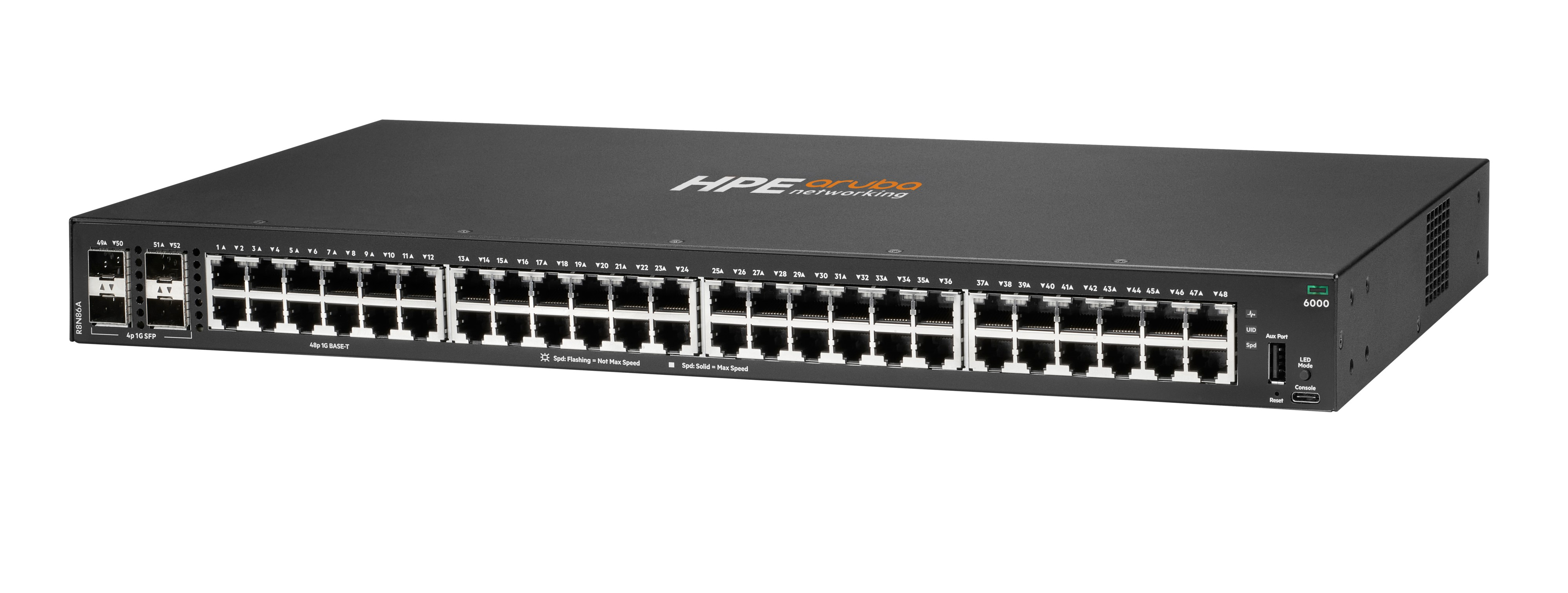 Un conmutador de red negro con múltiples puertos, el HPE Aruba 6000. Tiene el logotipo y varios puertos de conexión.