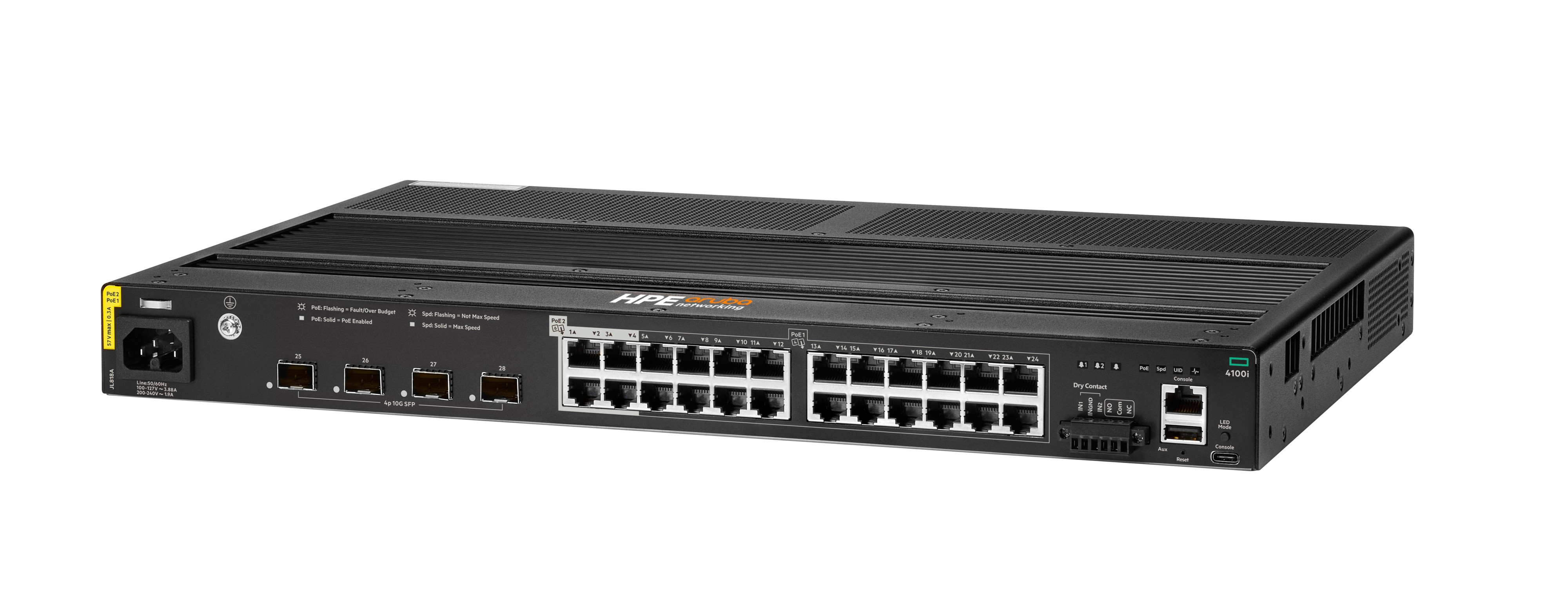 Schwarzer HPE Aruba Netzwerk-Switch mit mehreren Anschlüssen und Stromeingang. Text und Anzeigen vorhanden.
