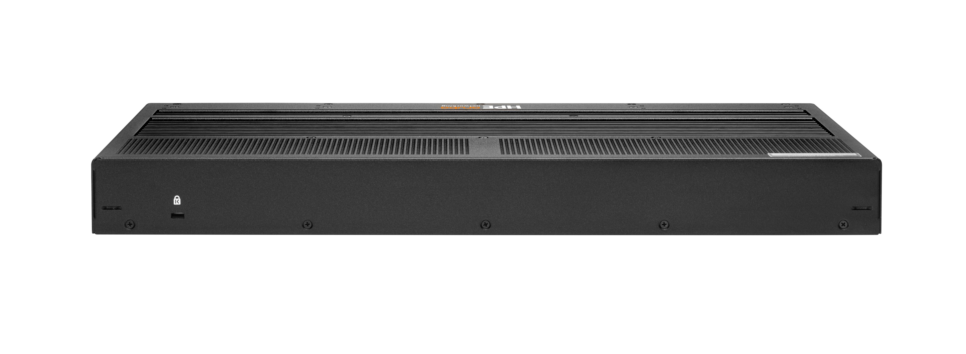 Ein schwarzes HPE-Netzwerkgerät. Es hat eine rechteckige Form mit Belüftung und dem Markennamen oben.