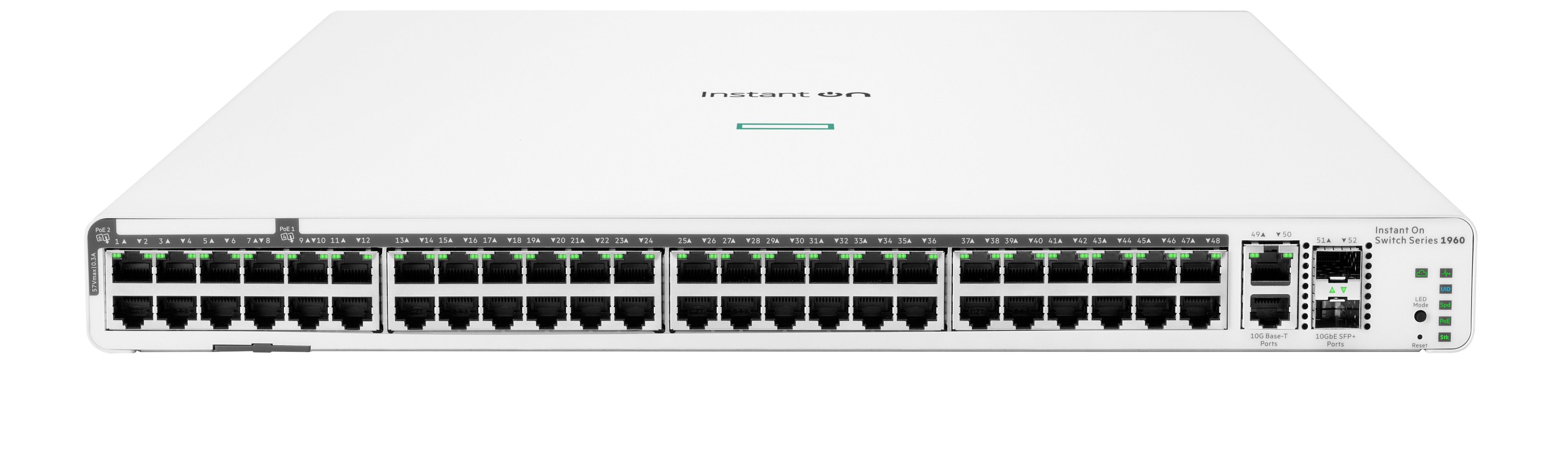 White network switch with many ports and green lights. It has the Instant On logo and the text 'Switch Series 1960'.