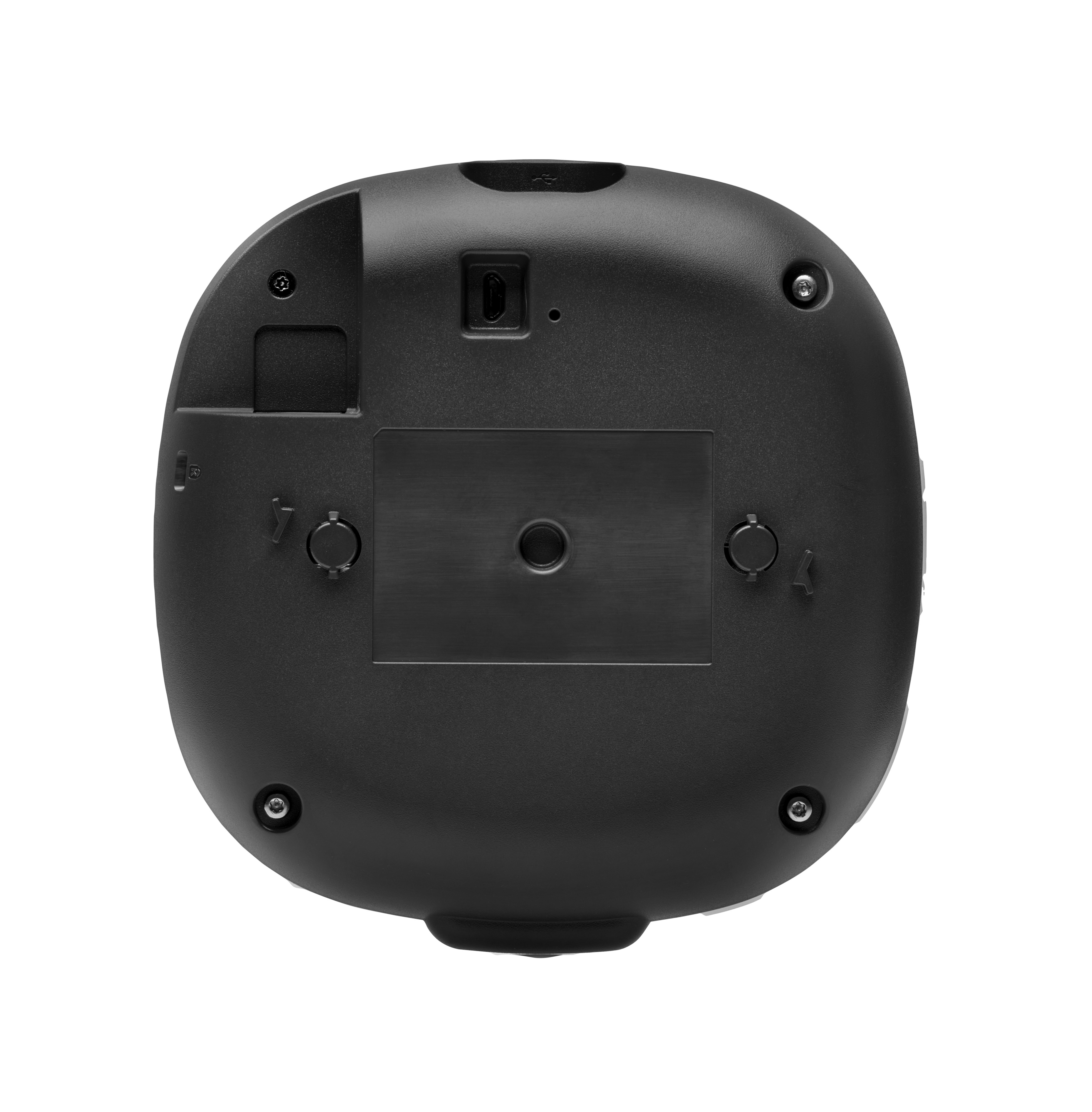 Czarne, zaokrąglone urządzenie z portem USB, śrubami i centralnym prostokątnym wcięciem na białym tle.