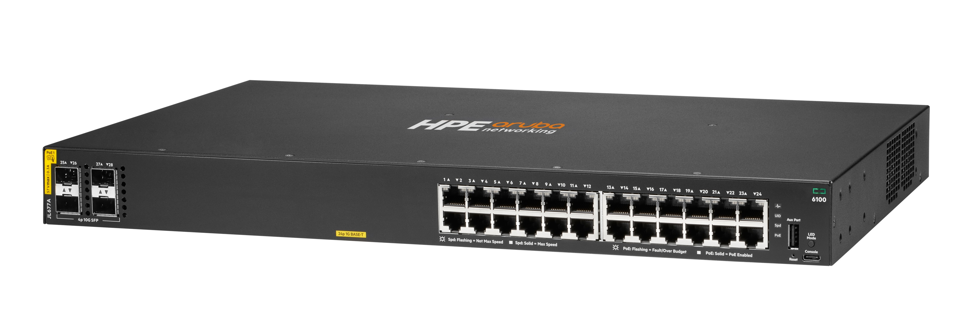 Switch di rete HPE Aruba nero. Ha più porte, etichette e indicatori. Il logo del marchio è visibile.