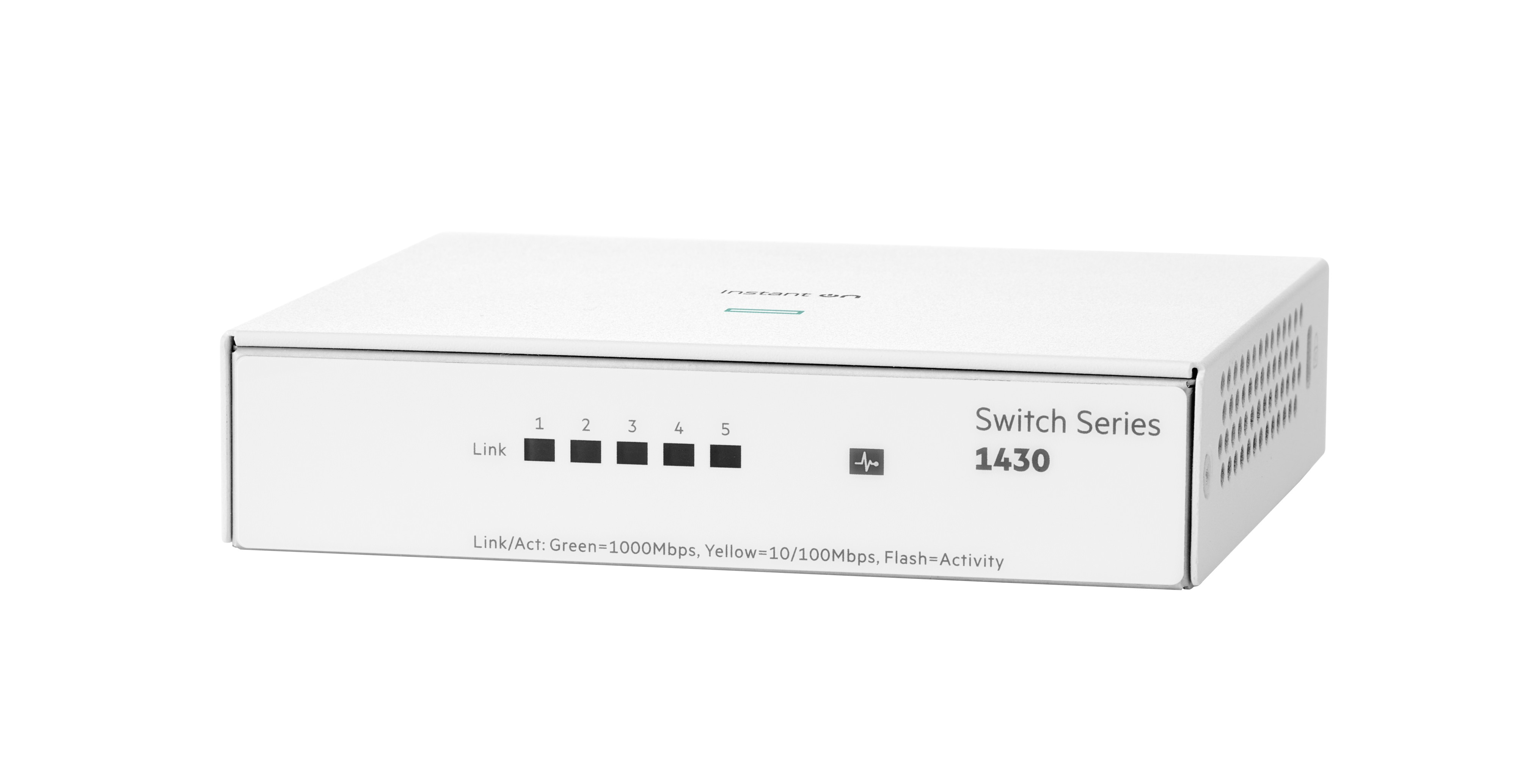 Scatola switch bianca con cinque porte numerate e indicatori di stato. Il testo recita: Switch Series 1430. Link/Act: Verde=1000Mbps, Giallo=10/100Mbps, Flash=Attività.
