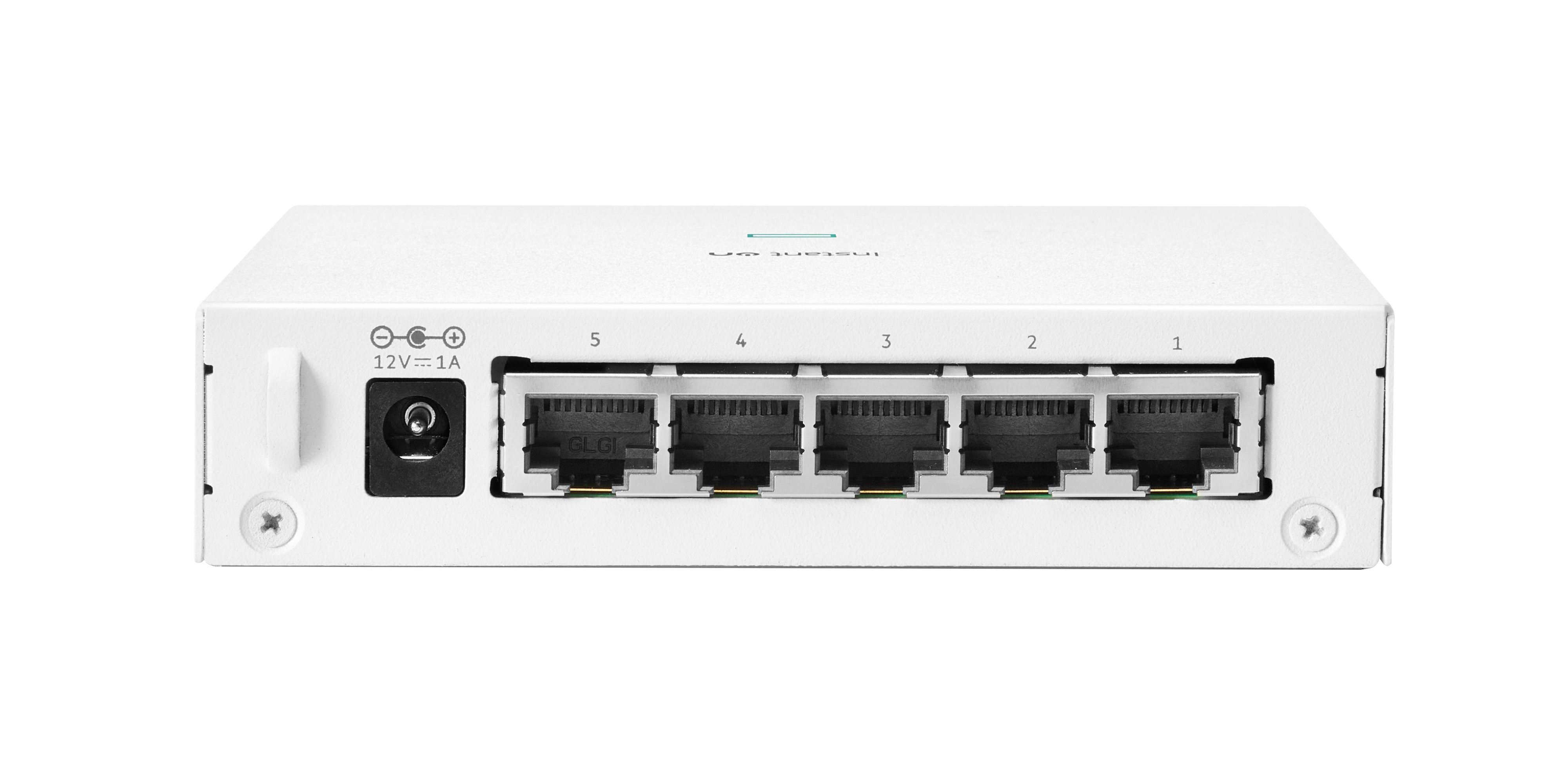Uno switch di rete bianco con cinque porte Ethernet etichettate 1-5. Ha una porta di alimentazione e un'etichetta 12V=1A.