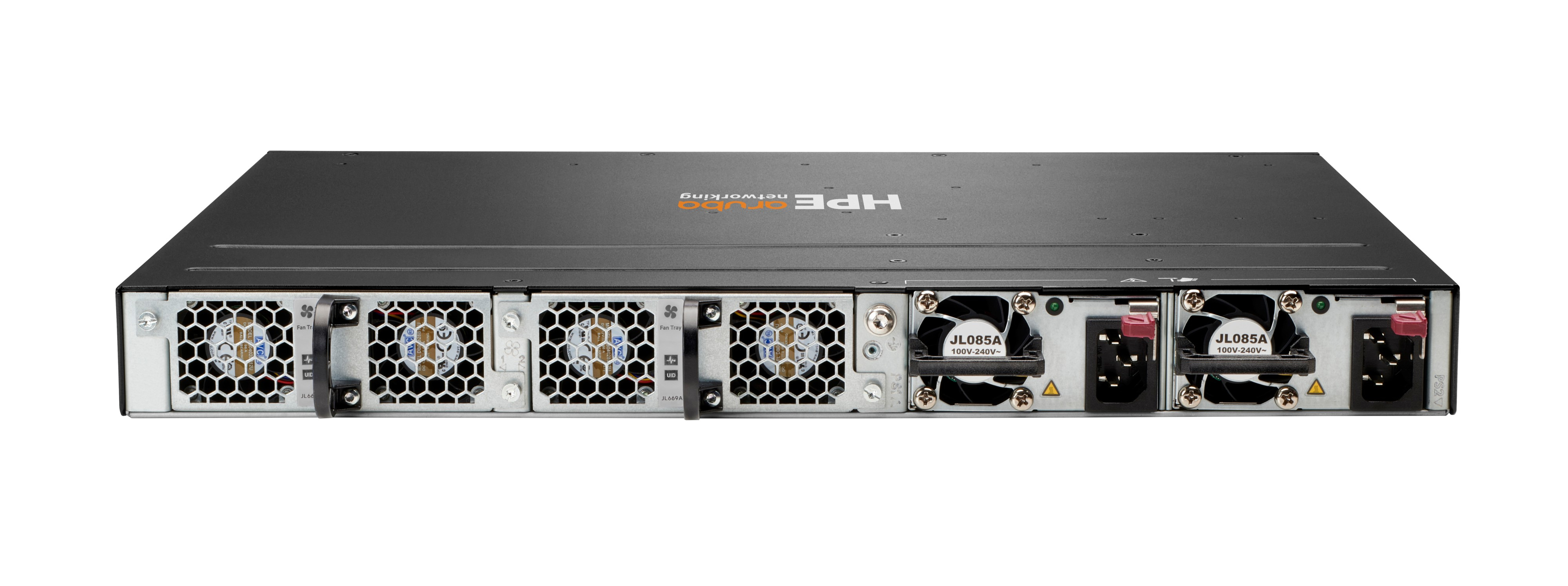 Ein schwarzes HPE Aruba Netzwerkgerät mit mehreren Lüftern und Stromeingängen. Die Vorderseite hat Lüfterrahmen und die Modellnummer JL085A.