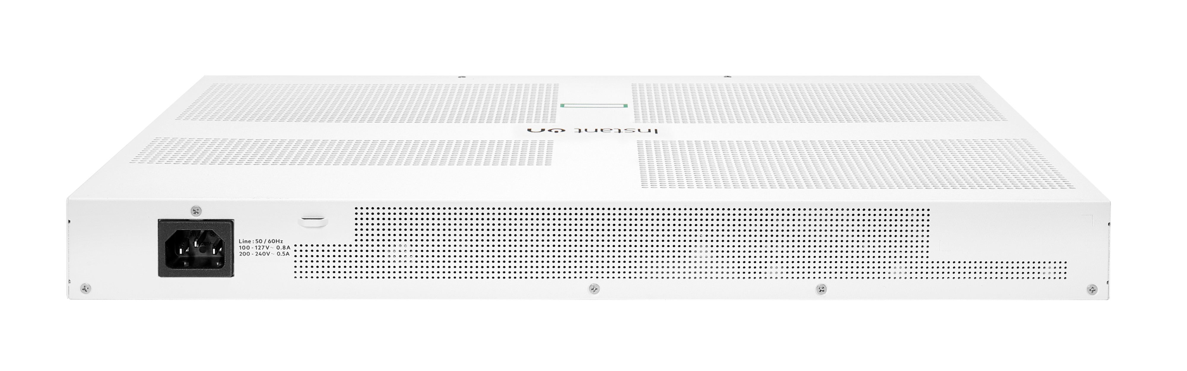 Białe urządzenie sieciowe Instant On. Posiada otwory wentylacyjne, wejście zasilania i markę. Góra jest pochylona z zielonym paskiem.