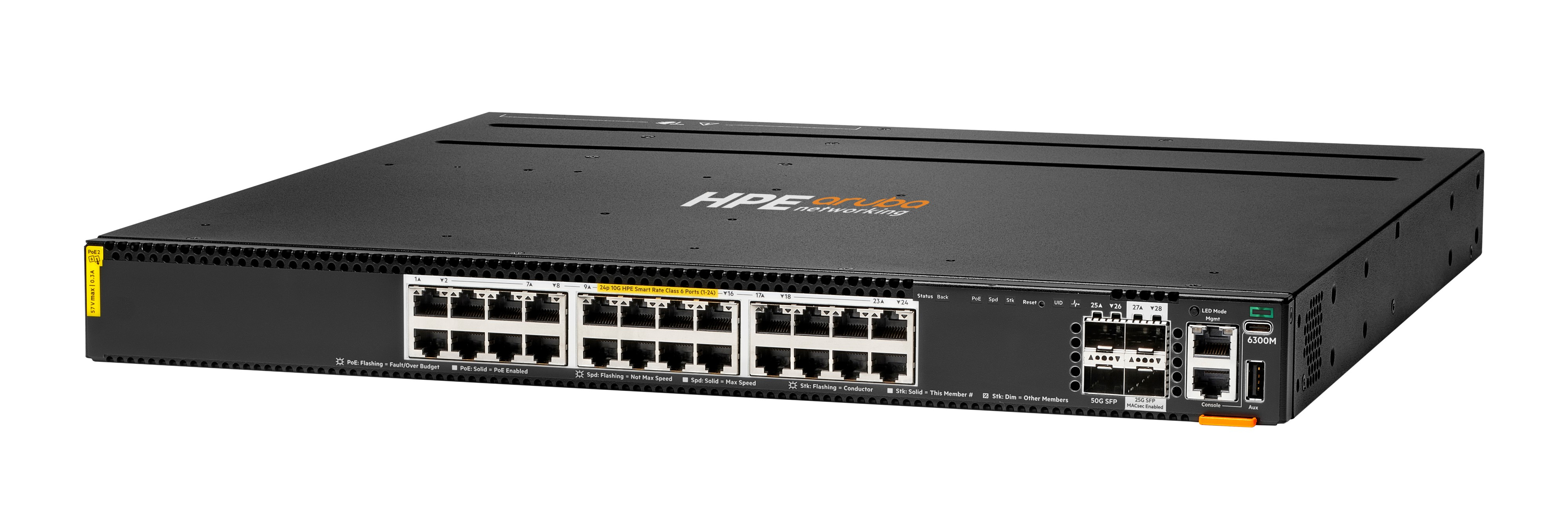 Switch di rete HPE Aruba nero. Dispone di numerose porte, indicatori e del logo Aruba. Etichette: PoE, SFP e modello 6300M.