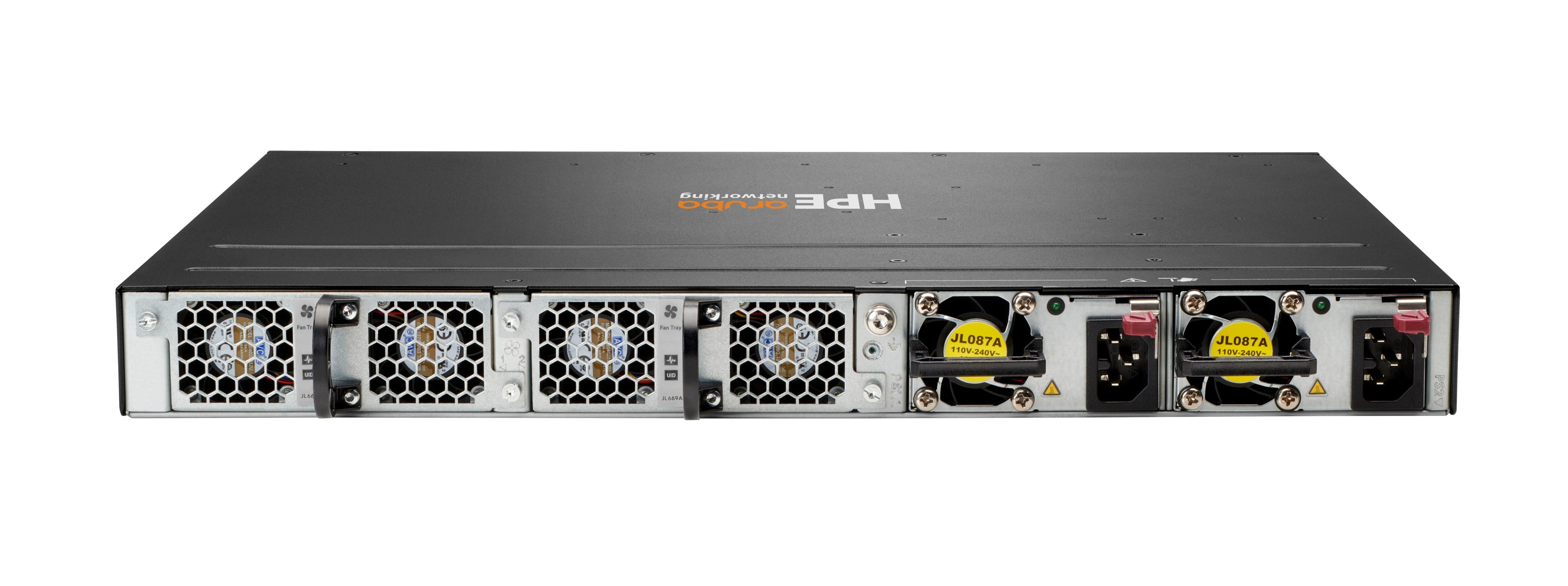 Switch di rete HPE nero con più ventole, ingressi di alimentazione e numeri di modello. Include vassoi ventola ed etichette UID.