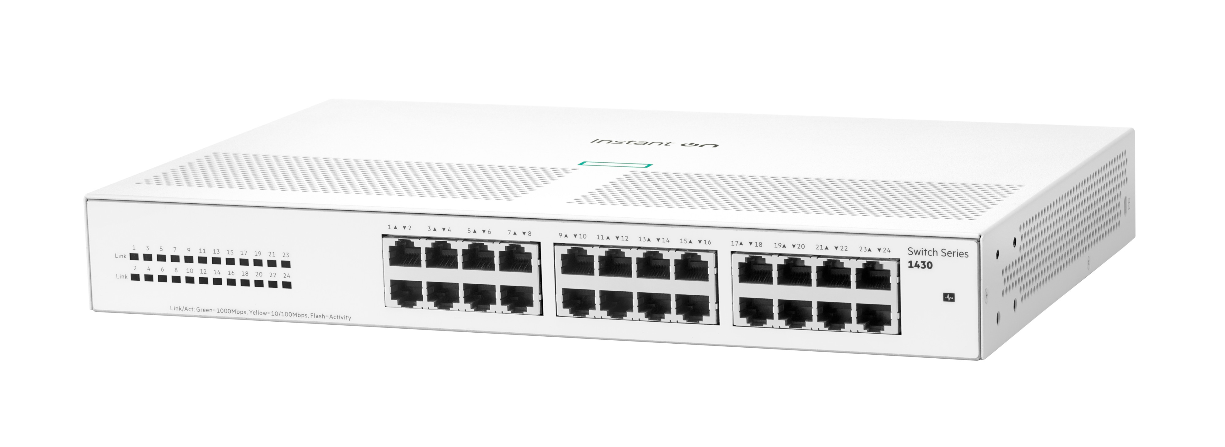 Uno switch Instant On bianco con più porte Ethernet e spie. Il modello è la serie 1430 Switch.