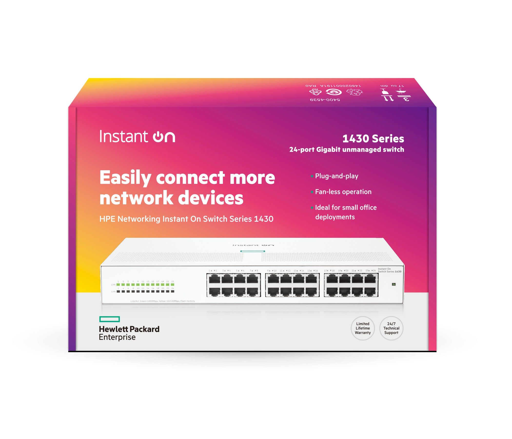 Scatola di uno switch Gigabit a 24 porte. Il nome del prodotto è Instant On 1430 Series. Caratteristiche: plug-and-play e funzionamento senza ventola.