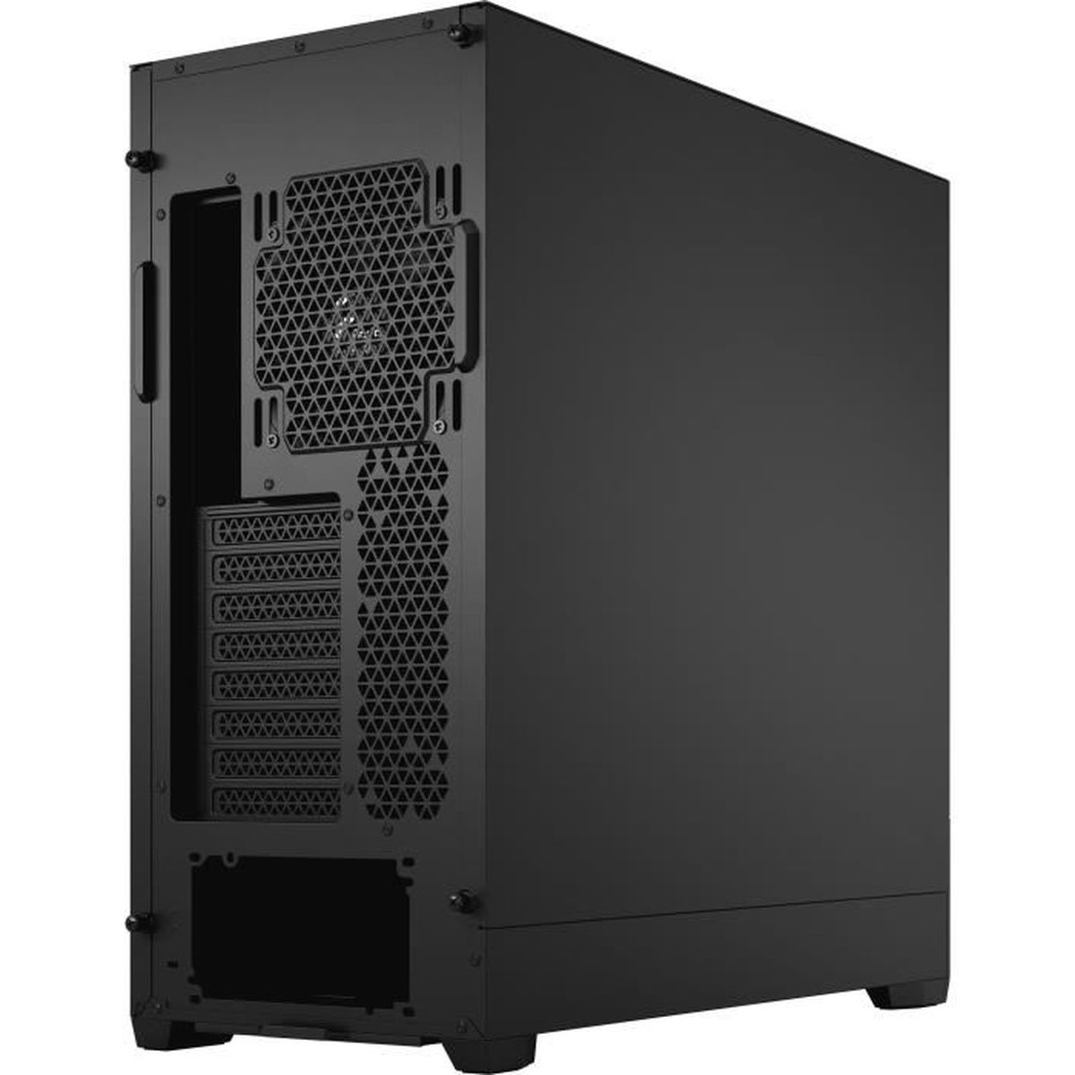 A black computer case. The back panel has a mesh design with a honeycomb pattern for ventilation. The case is rectangular and solid.