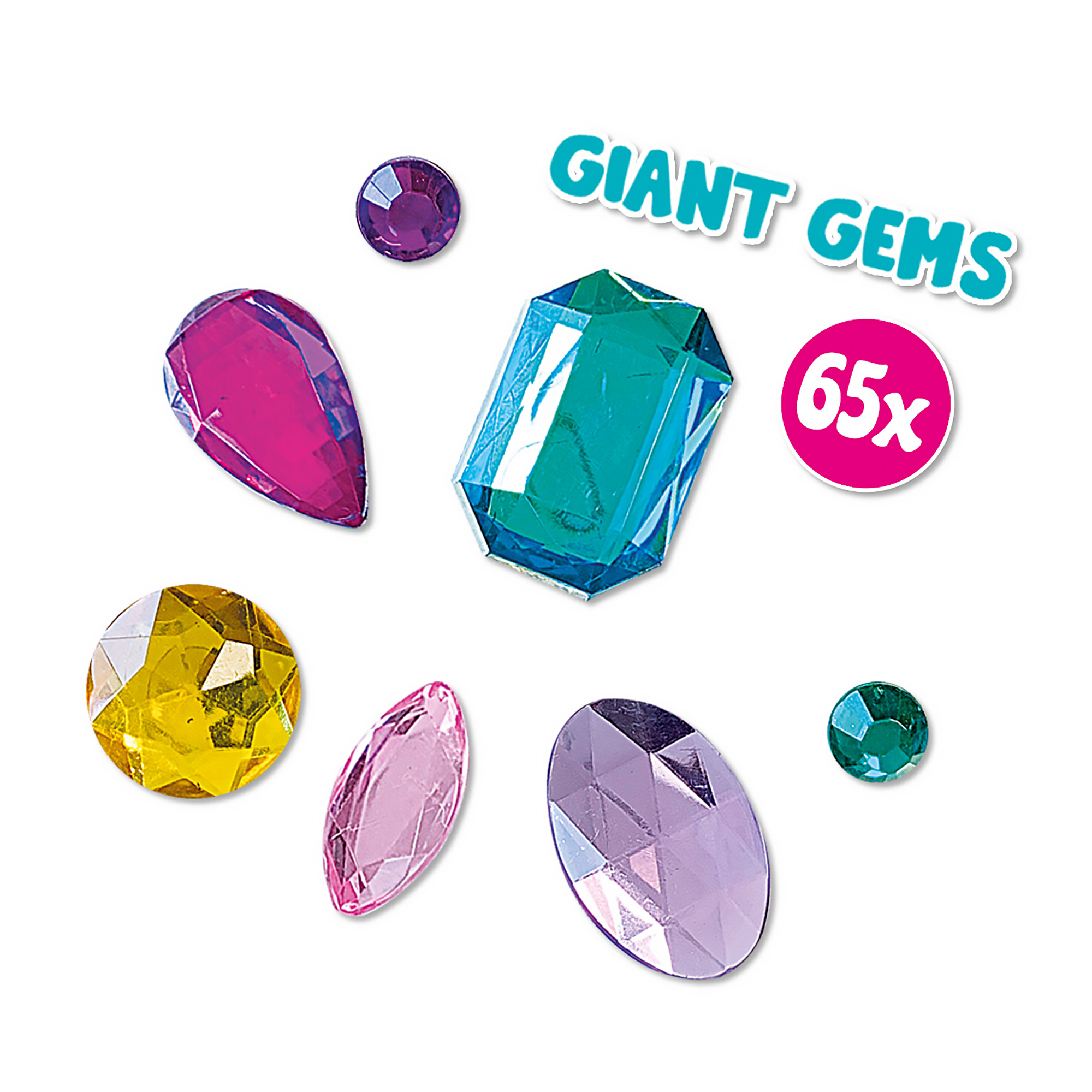 Obraz przedstawia kolorowe, gigantyczne klejnoty o różnych kształtach. Zawiera tekst 'GIANT GEMS' i różowe koło z '65x'.