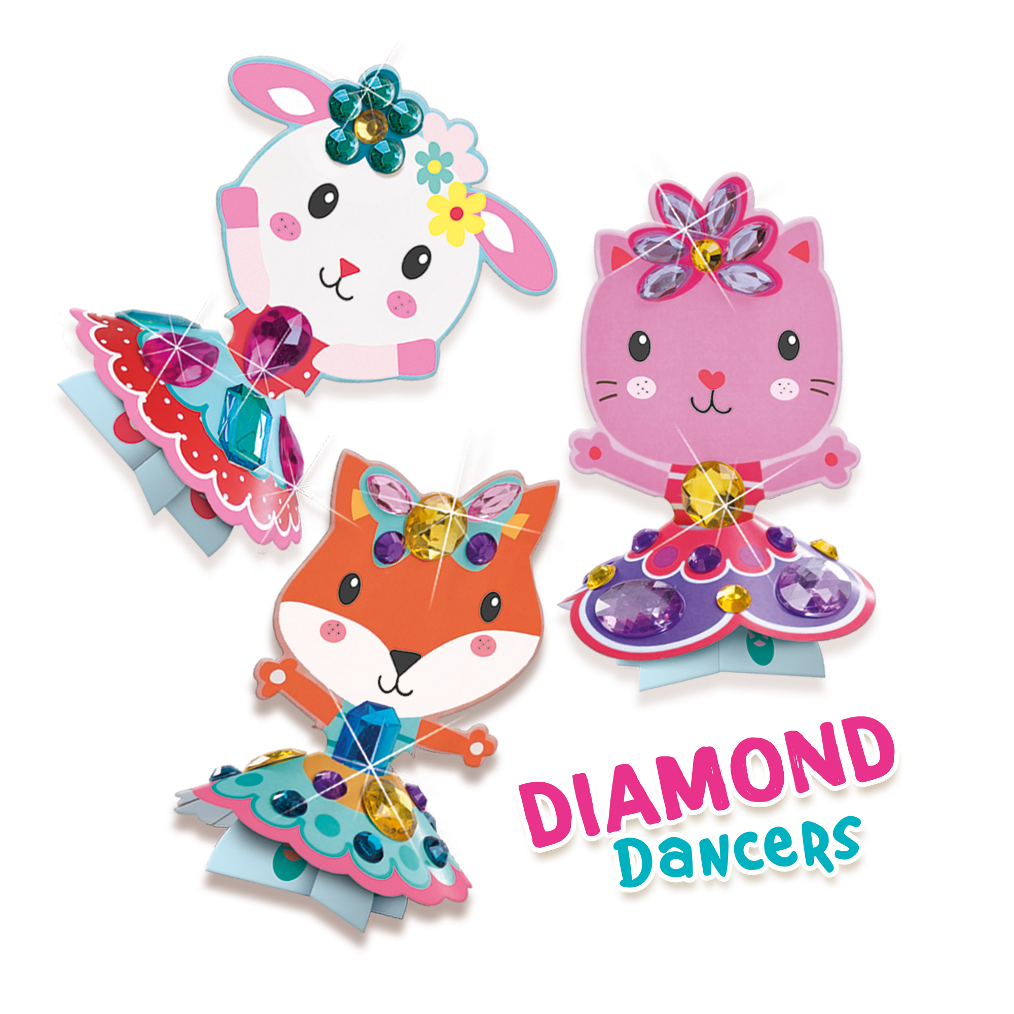 Trzy figurki tancerzy diamentowych: jagnię, kot i lis. Mają na sobie suknie zdobione klejnotami. Tekst 'Diamond Dancers' znajduje się poniżej.