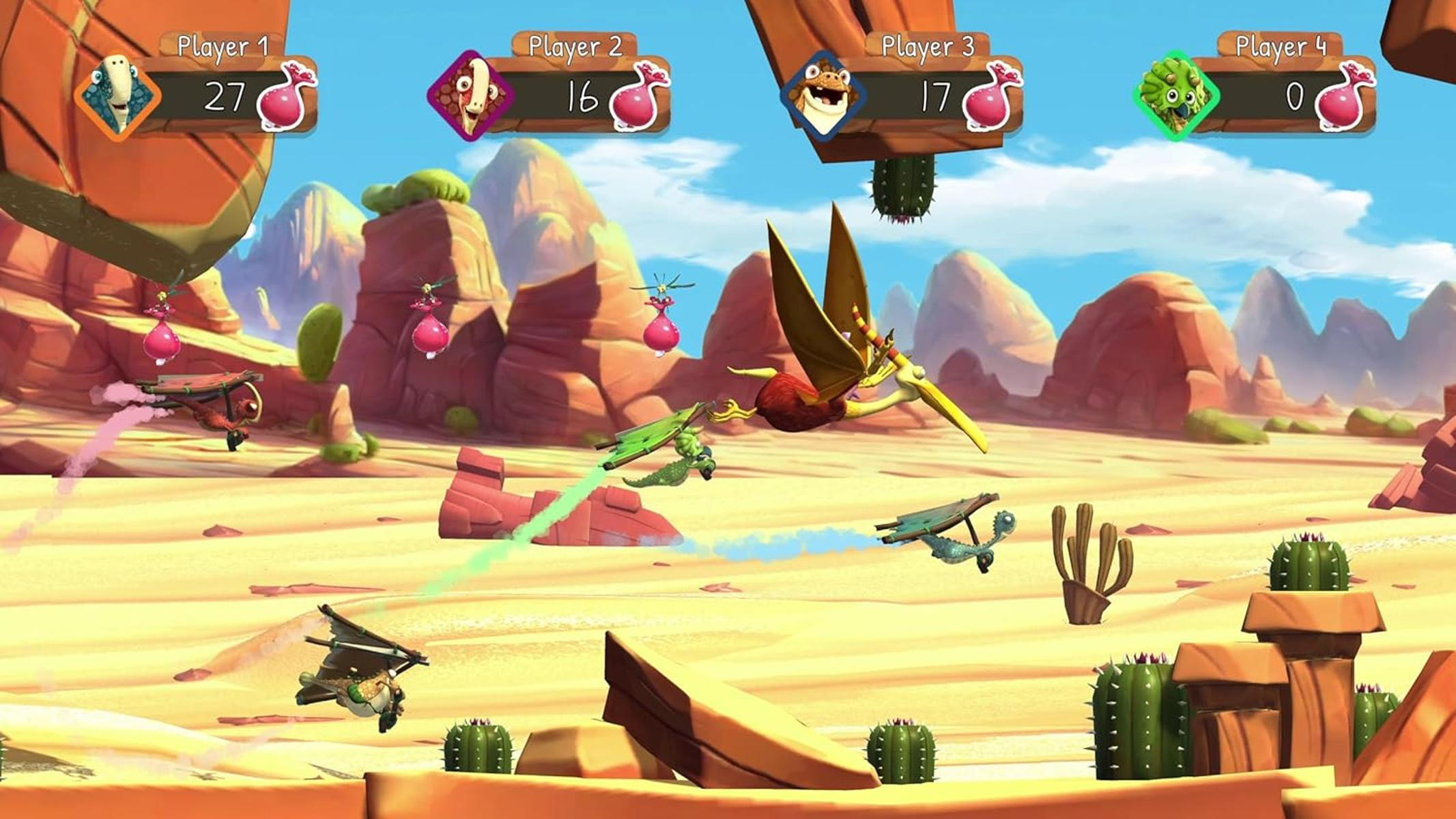 Scène de jeu avec des dinosaures. Les joueurs s'affrontent dans le désert. Les tableaux de bord affichent les scores des joueurs. Les dinosaures volent à travers la scène.